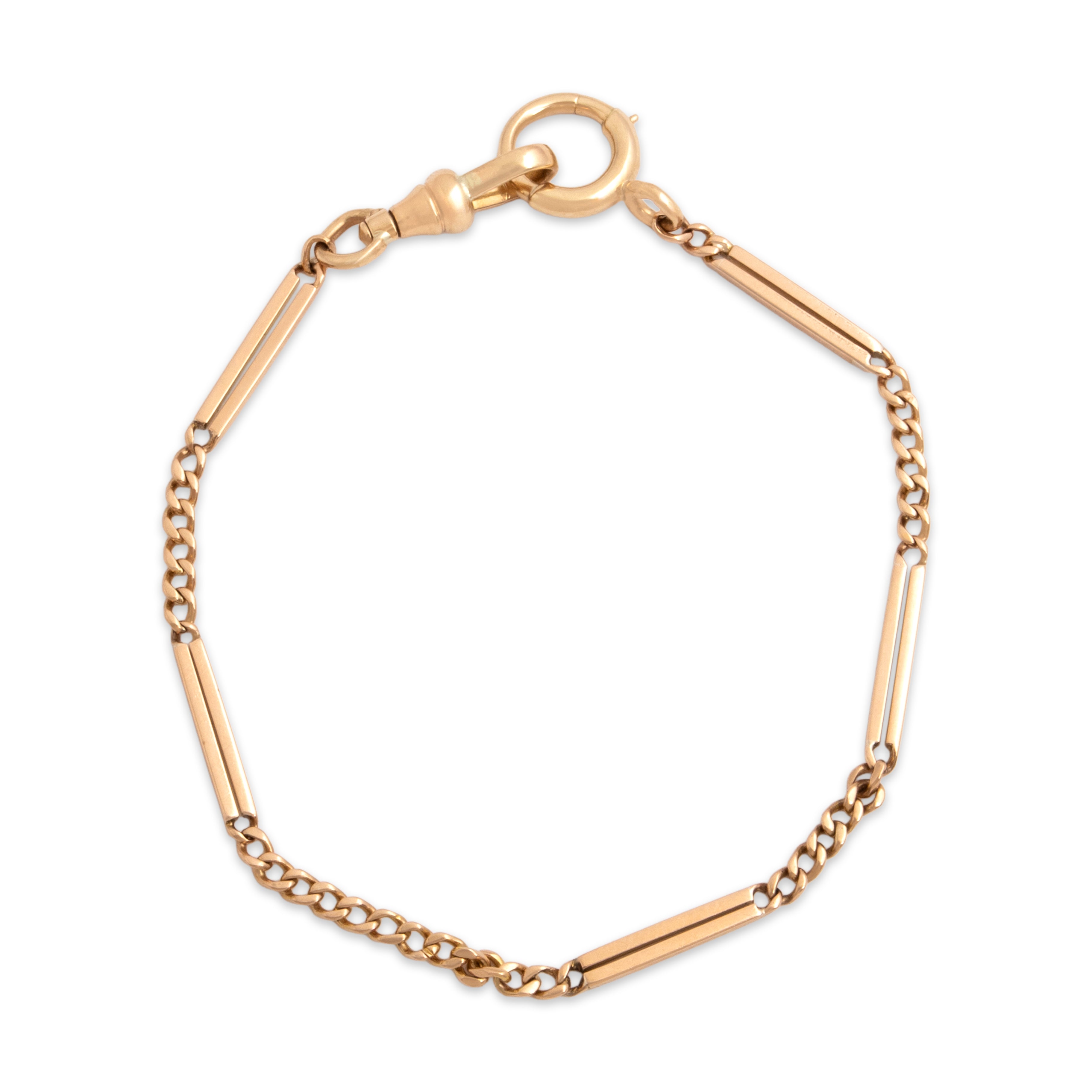 Antique 14k Rosy Yellow Gold Classic Bar Link Curb Chain Watch Fob Bracelet - Close-up view