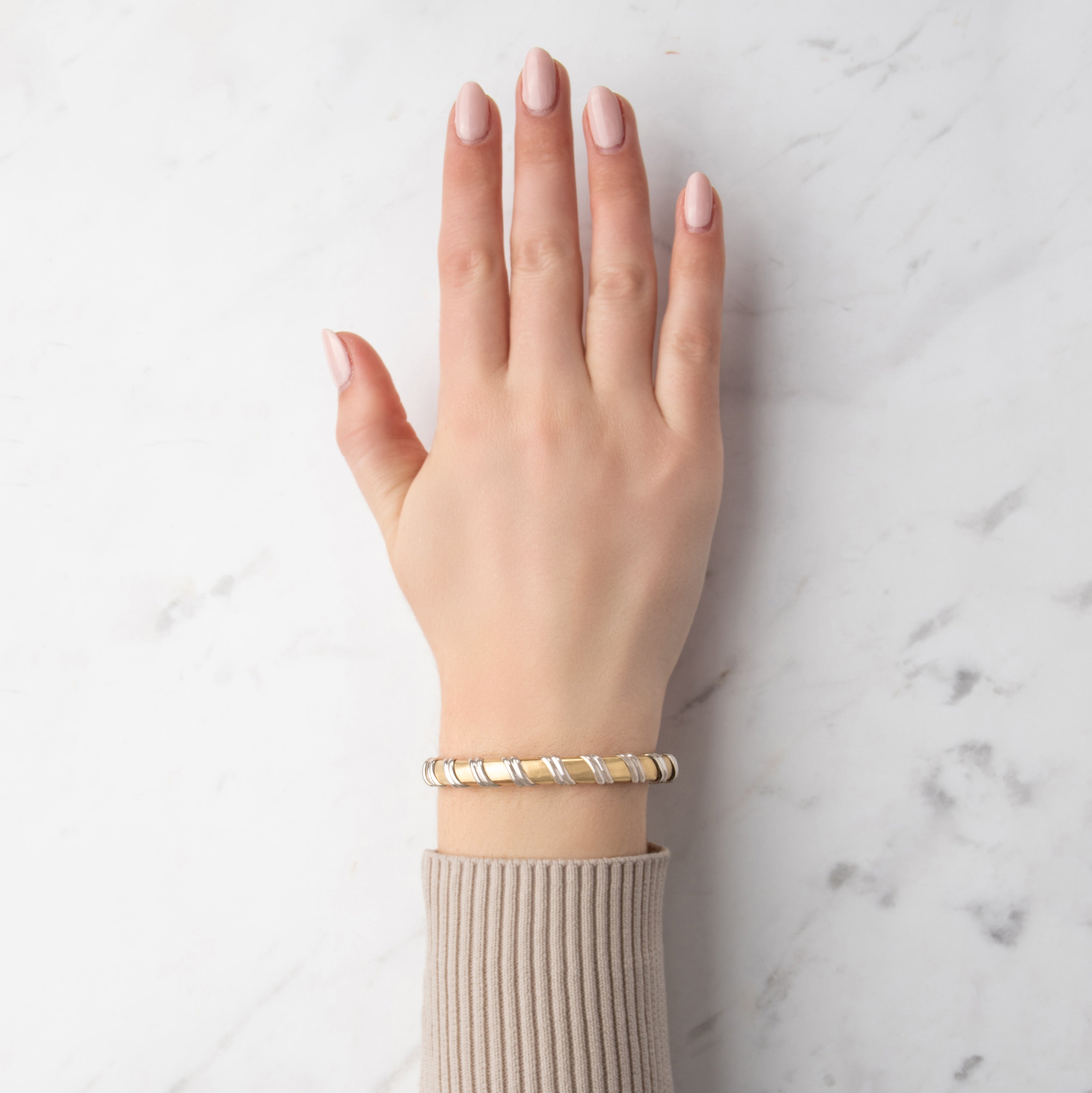 Vintage Italian 14k Yellow & White Gold Fabulous Bendy Satin Twisting Bangle Bracelet - On model view