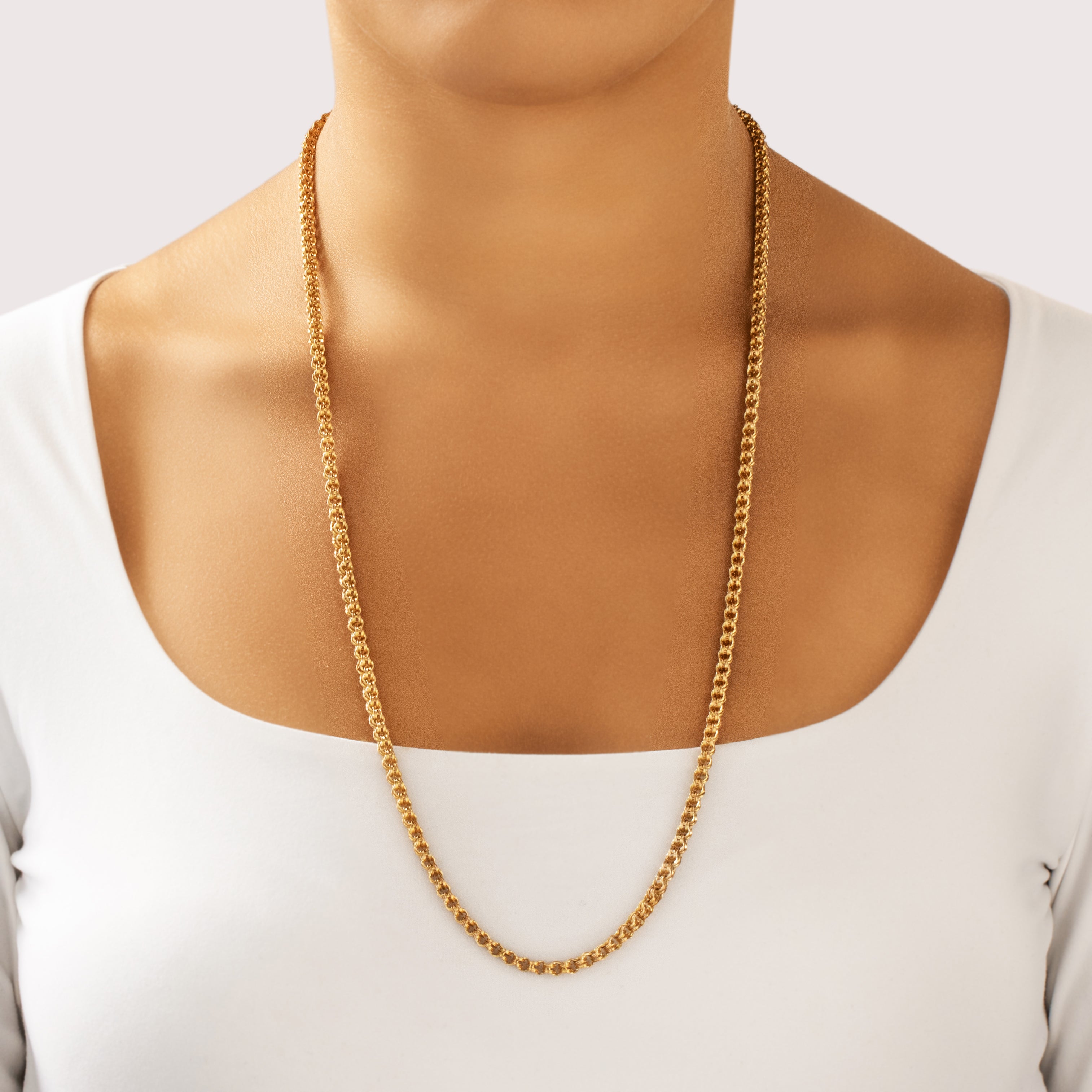 Antique Victorian 14k Yellow & Rosy Yellow Gold Wonderful Long Book Chain Clip Necklace - On model view