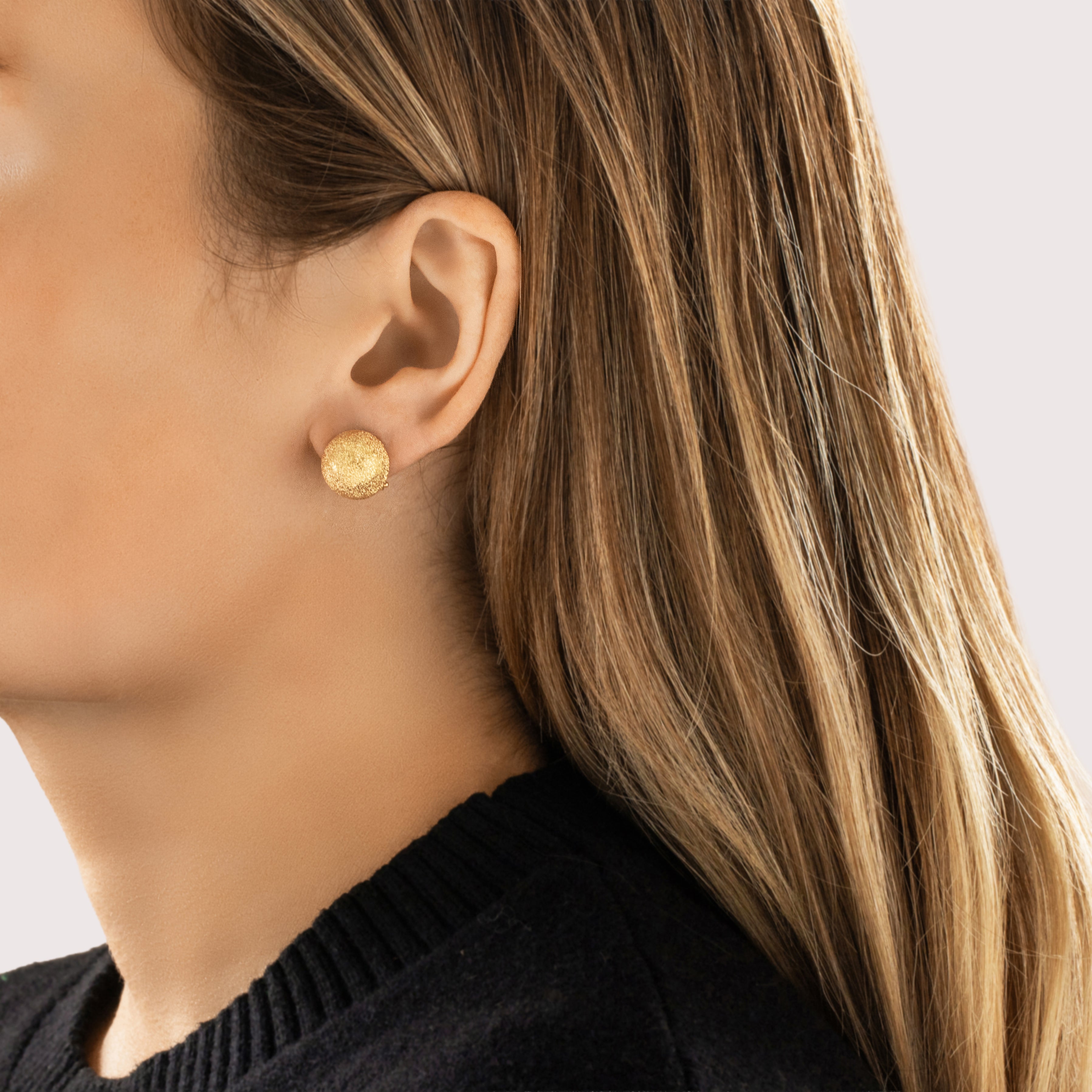 Vintage Italian 18k Yellow Gold Glittering Textured Omega-Back Stud Earrings- On model view