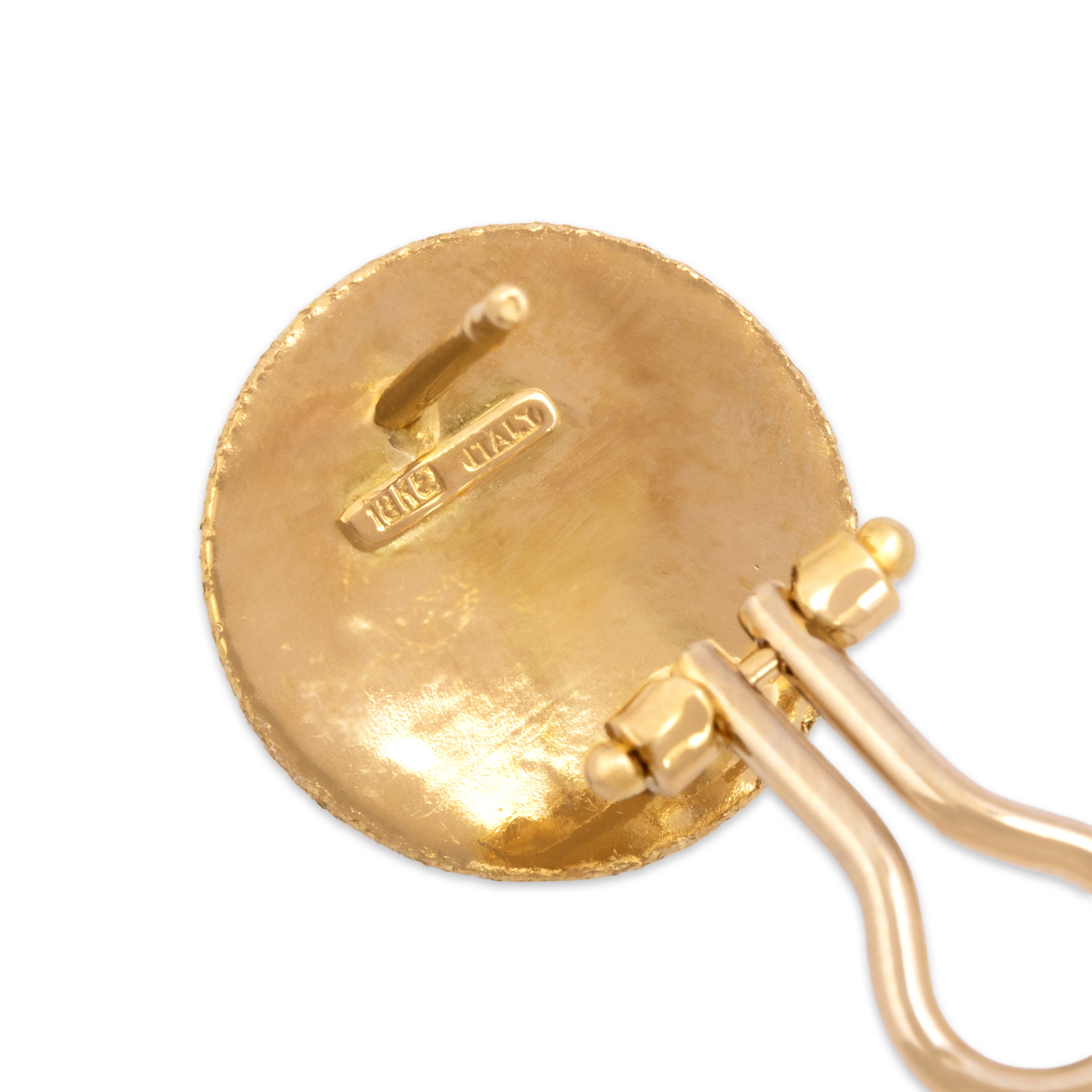 Vintage Italian 18k Yellow Gold Glittering Textured Omega-Back Stud Earrings- Hallmark view