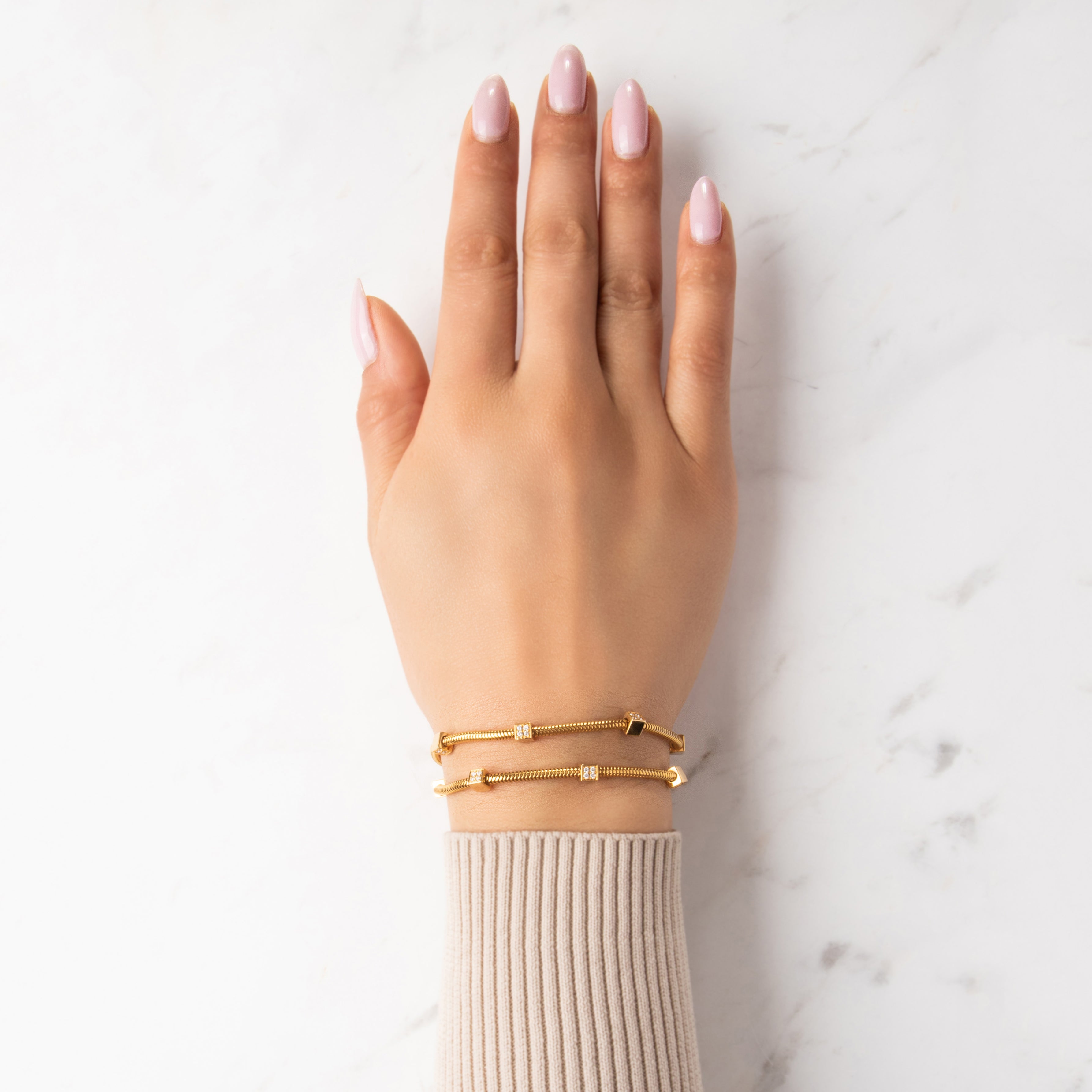 Vintage Substantial 18k Yellow Gold Diamond Square Station Snake Chain Bracelet - On model view