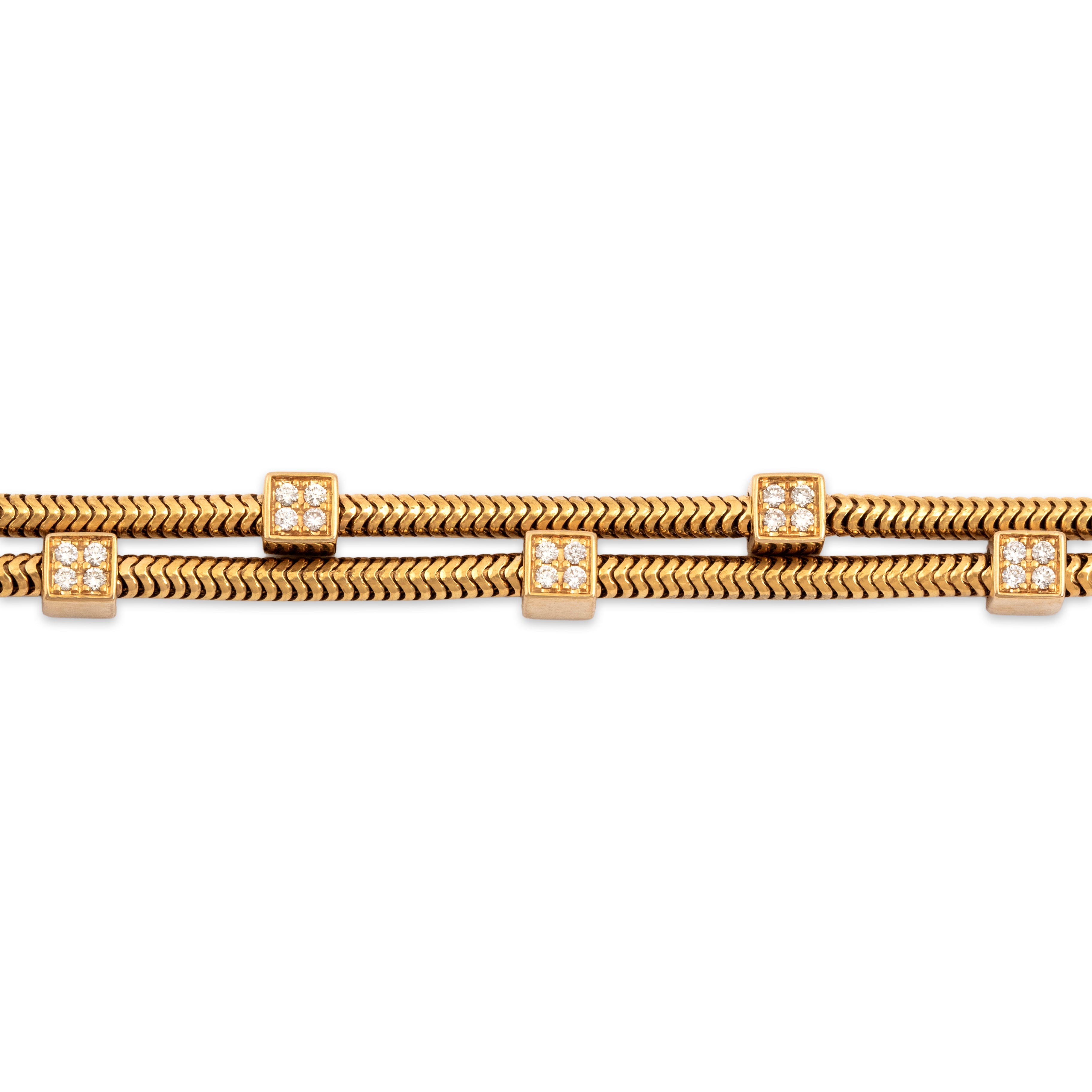 Vintage Substantial 18k Yellow Gold Diamond Square Station Snake Chain Bracelet - Close-up view