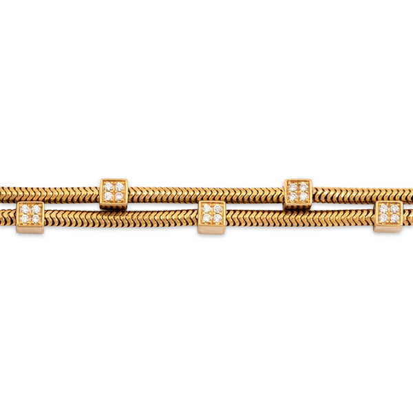 Vintage Substantial 18k Yellow Gold Diamond Square Station Snake Chain Bracelet 7