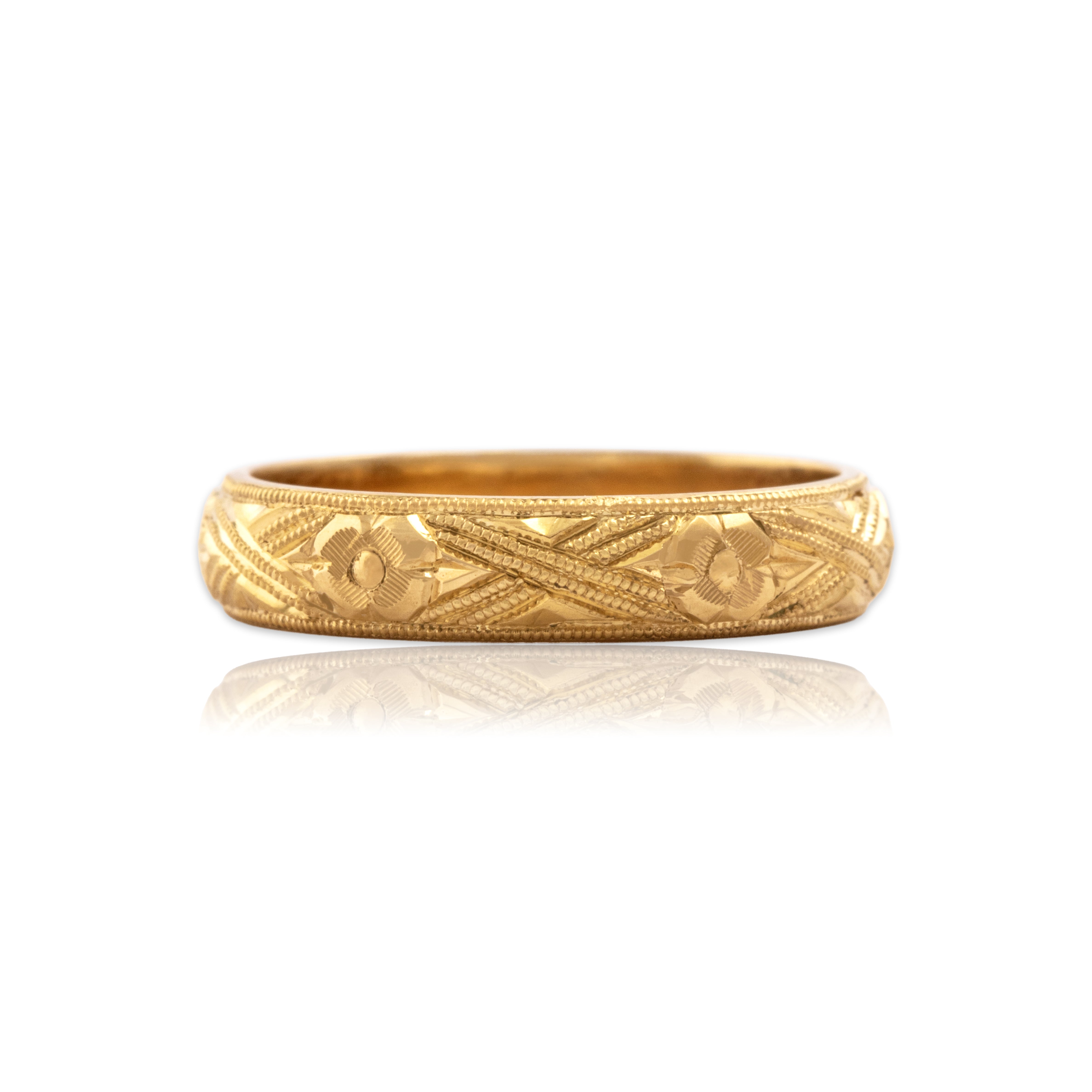 Vintage Substantial 18k Yellow Gold Geometric Milgrain Blossom Eternity Band Ring - Close-up view