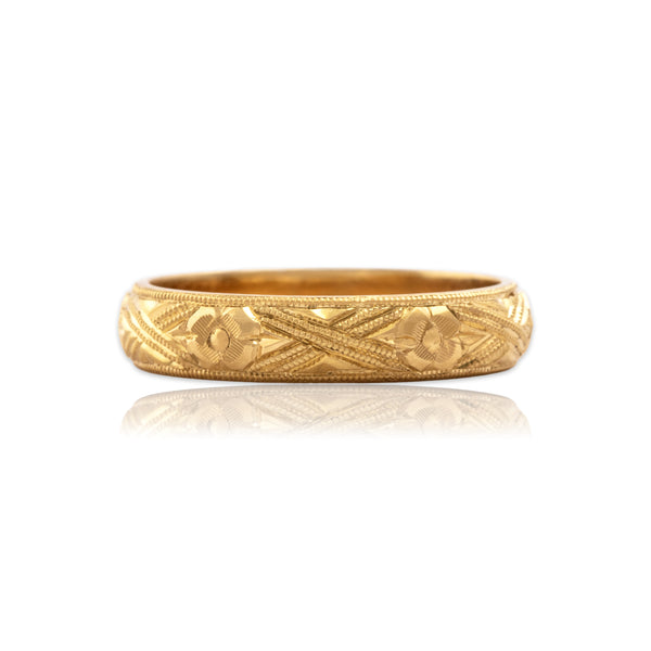Vintage Substantial 18k Yellow Gold Geometric Milgrain Blossom Eternity Band Ring 6.25