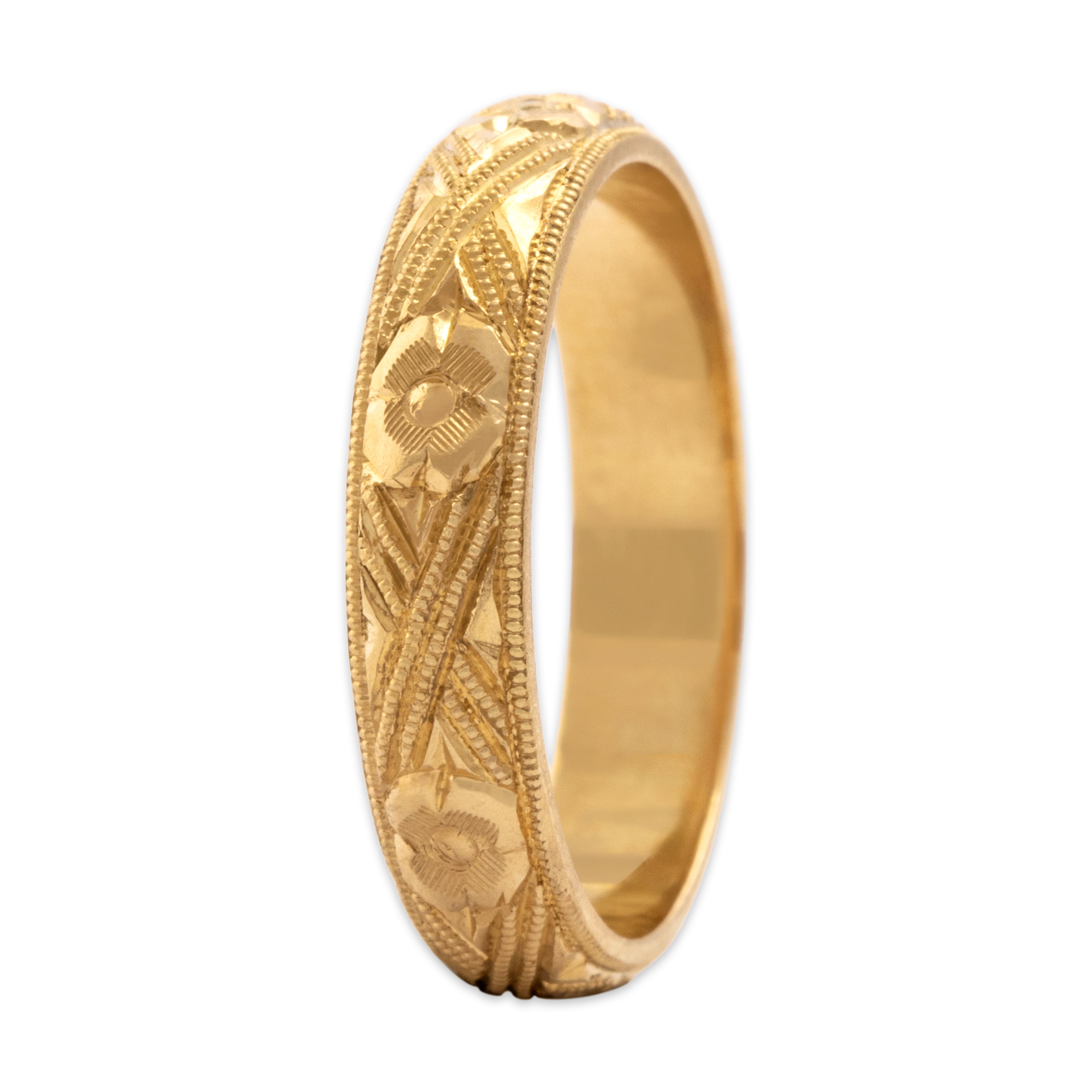 Vintage Substantial 18k Yellow Gold Geometric Milgrain Blossom Eternity Band Ring - Side view