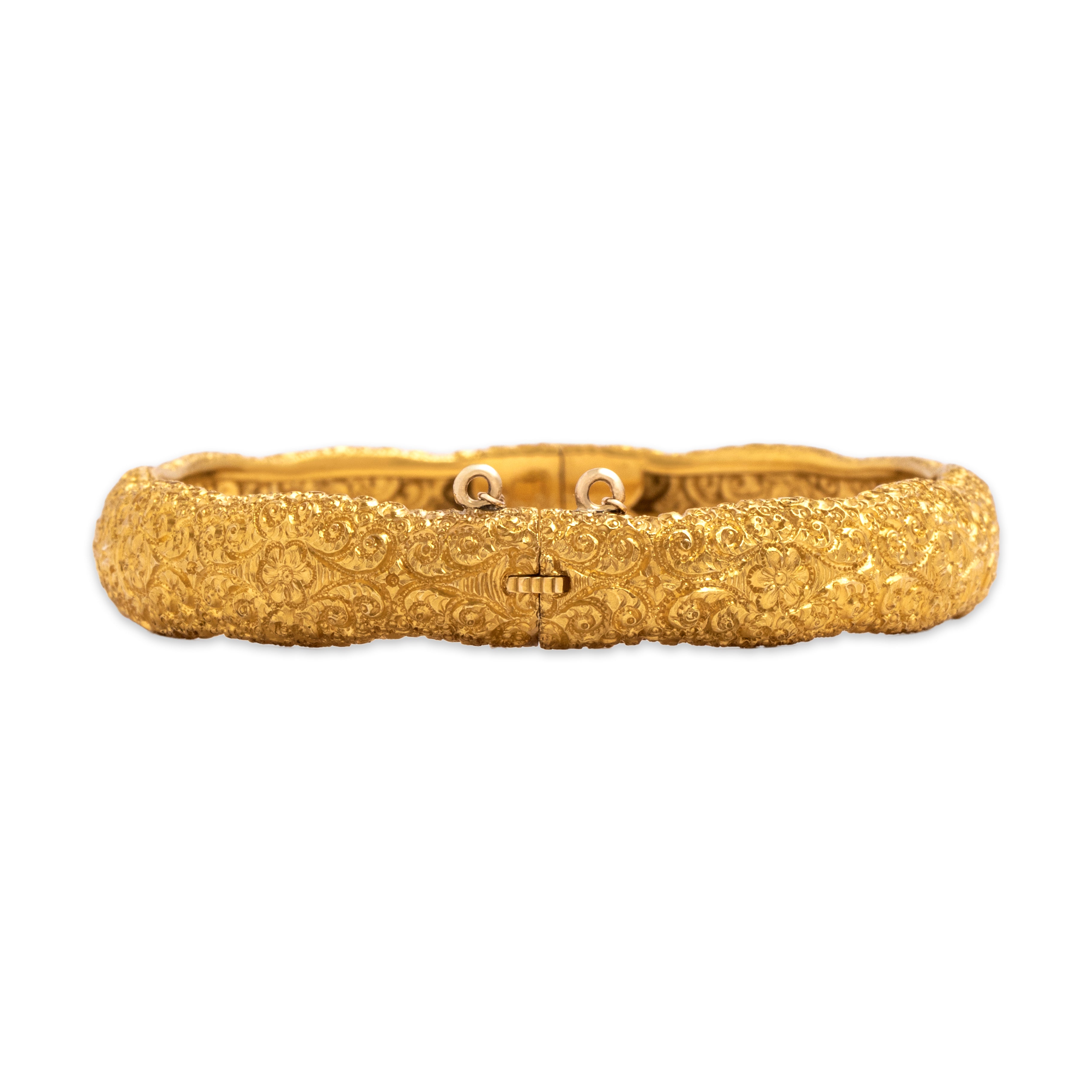 Antique Victorian 22k Yellow Gold Rare Exceptional Hand-Engraved Floral Bangle Bracelet - detail view #1