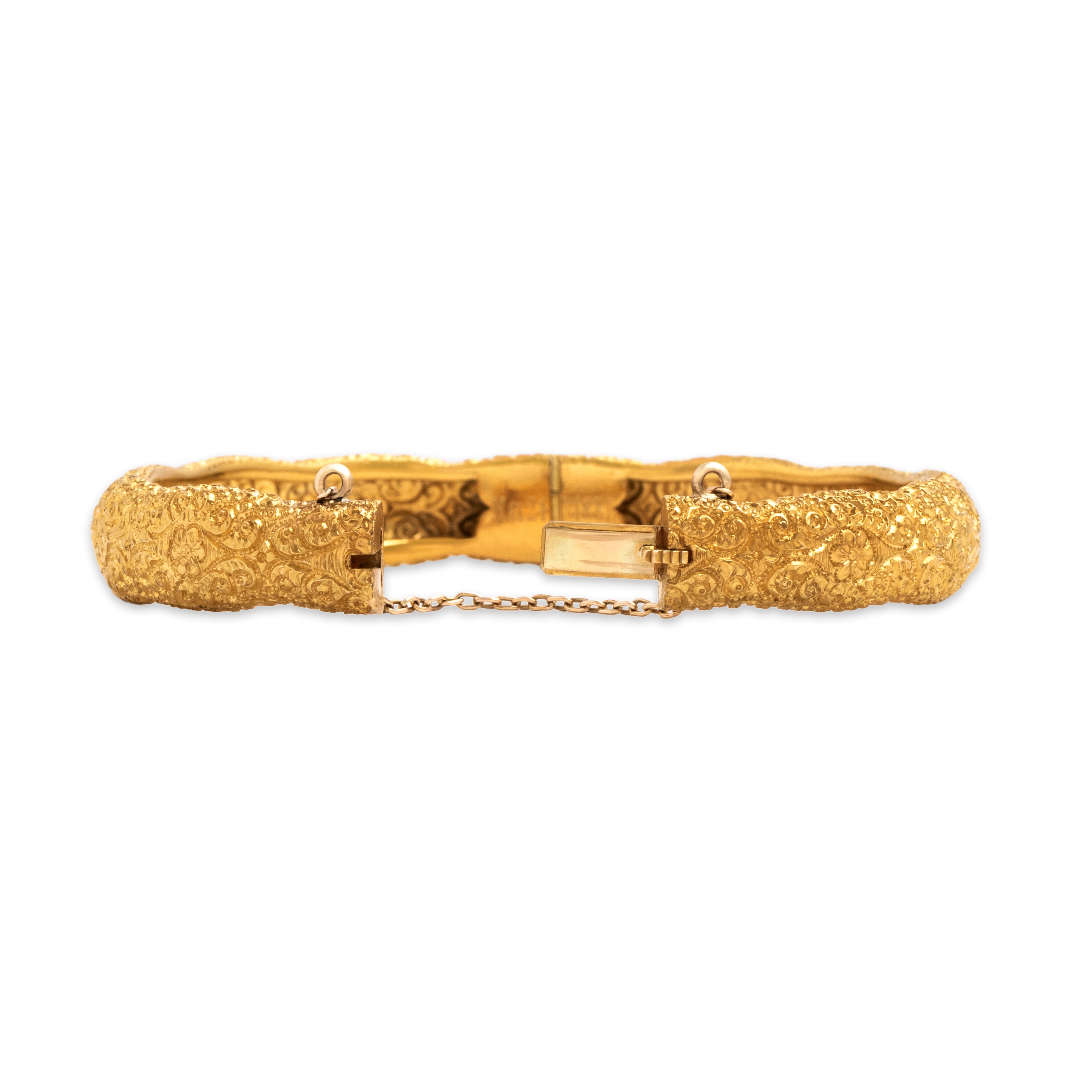 Antique Victorian 22k Yellow Gold Rare Exceptional Hand-Engraved Floral Bangle Bracelet - detail view #3