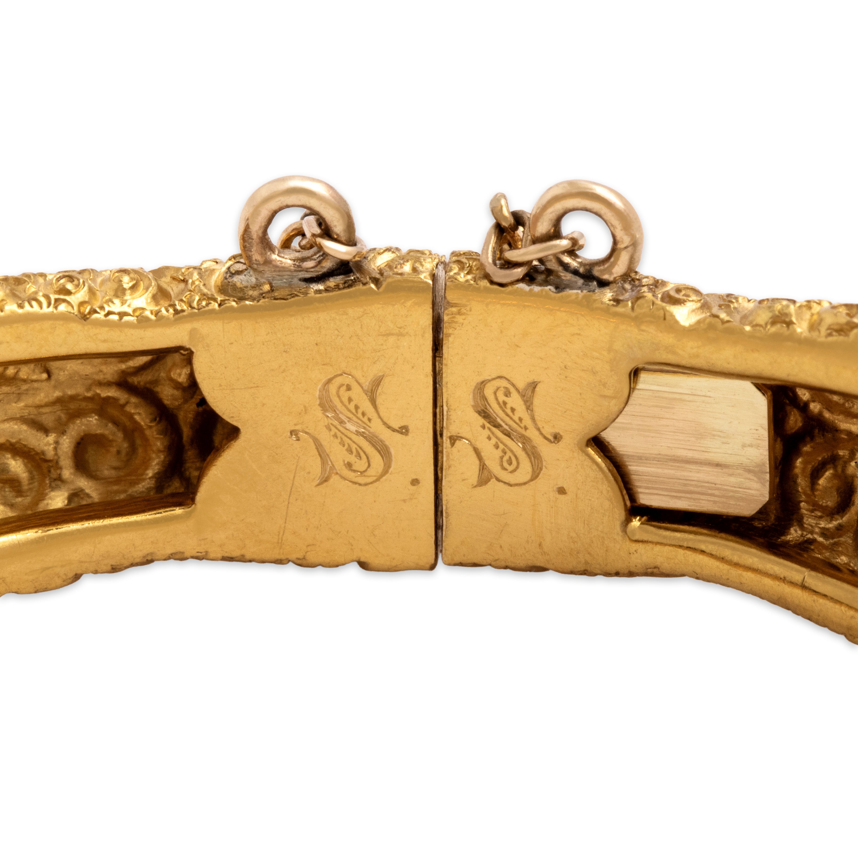 Antique Victorian 22k Yellow Gold Rare Exceptional Hand-Engraved Floral Bangle Bracelet - Hallmark view