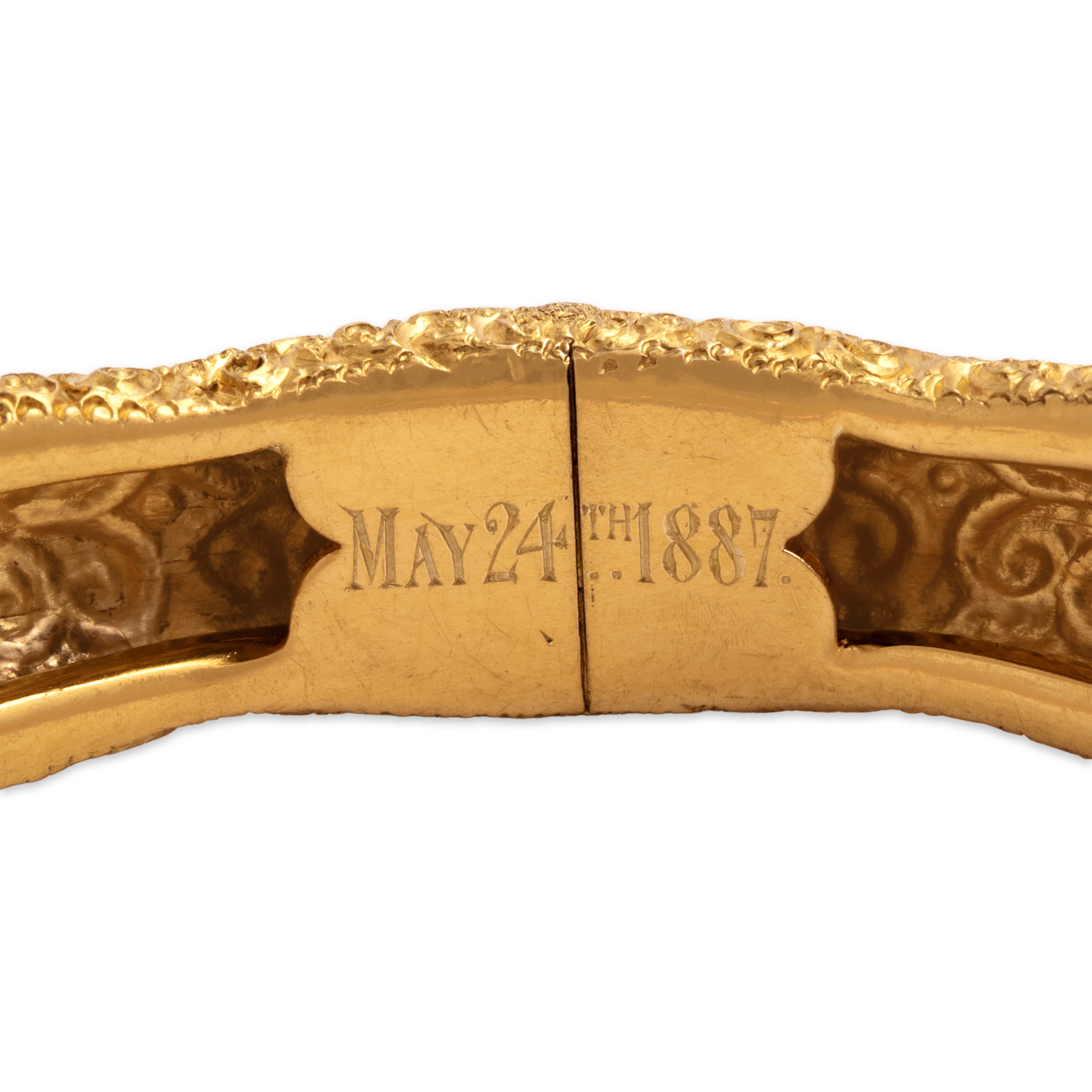 Antique Victorian 22k Yellow Gold Rare Exceptional Hand-Engraved Floral Bangle Bracelet - Hallmark view