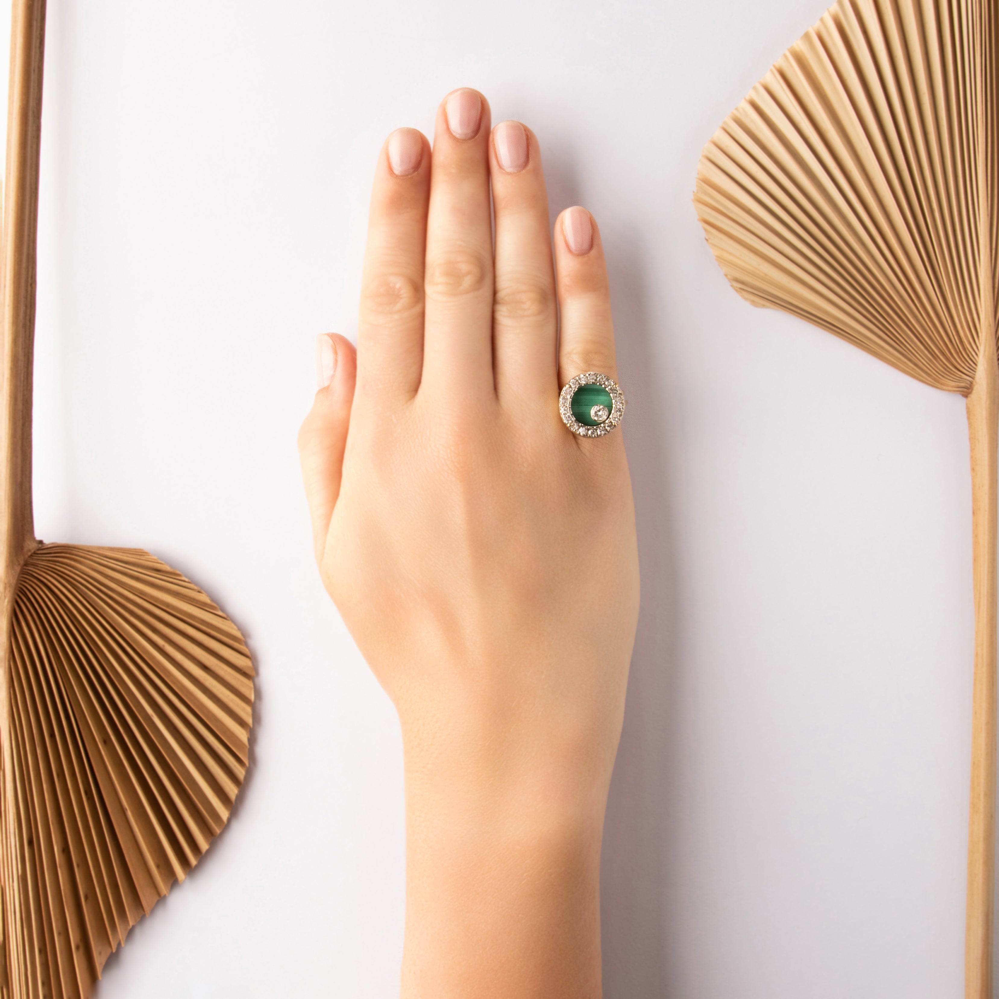 Vintage Large 18k Yellow & White Gold .71cttw Diamond Malachite Incredible Spinning Orbital Ring - On model view