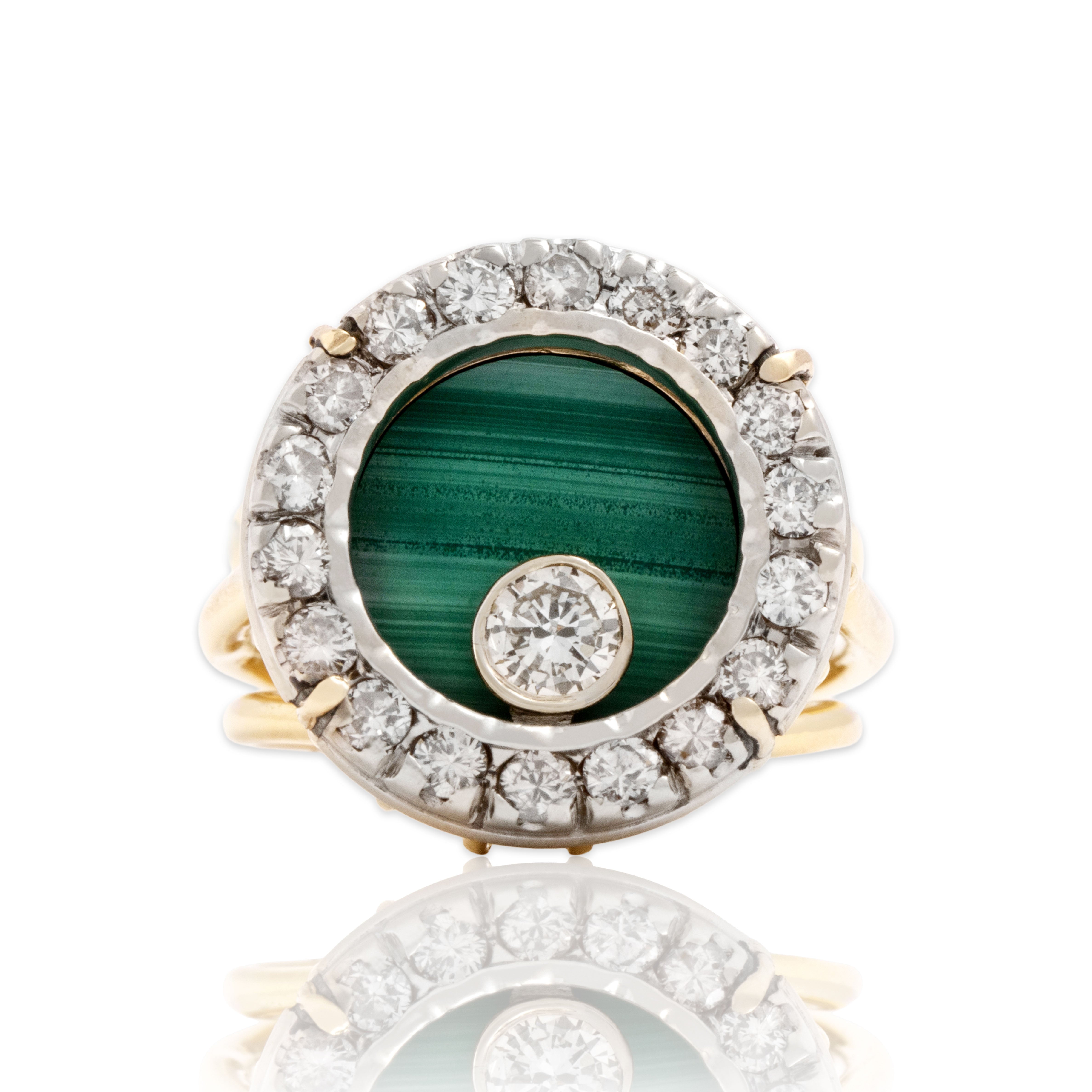 Vintage Large 18k Yellow & White Gold .71cttw Diamond Malachite Spinning Ring 5.25