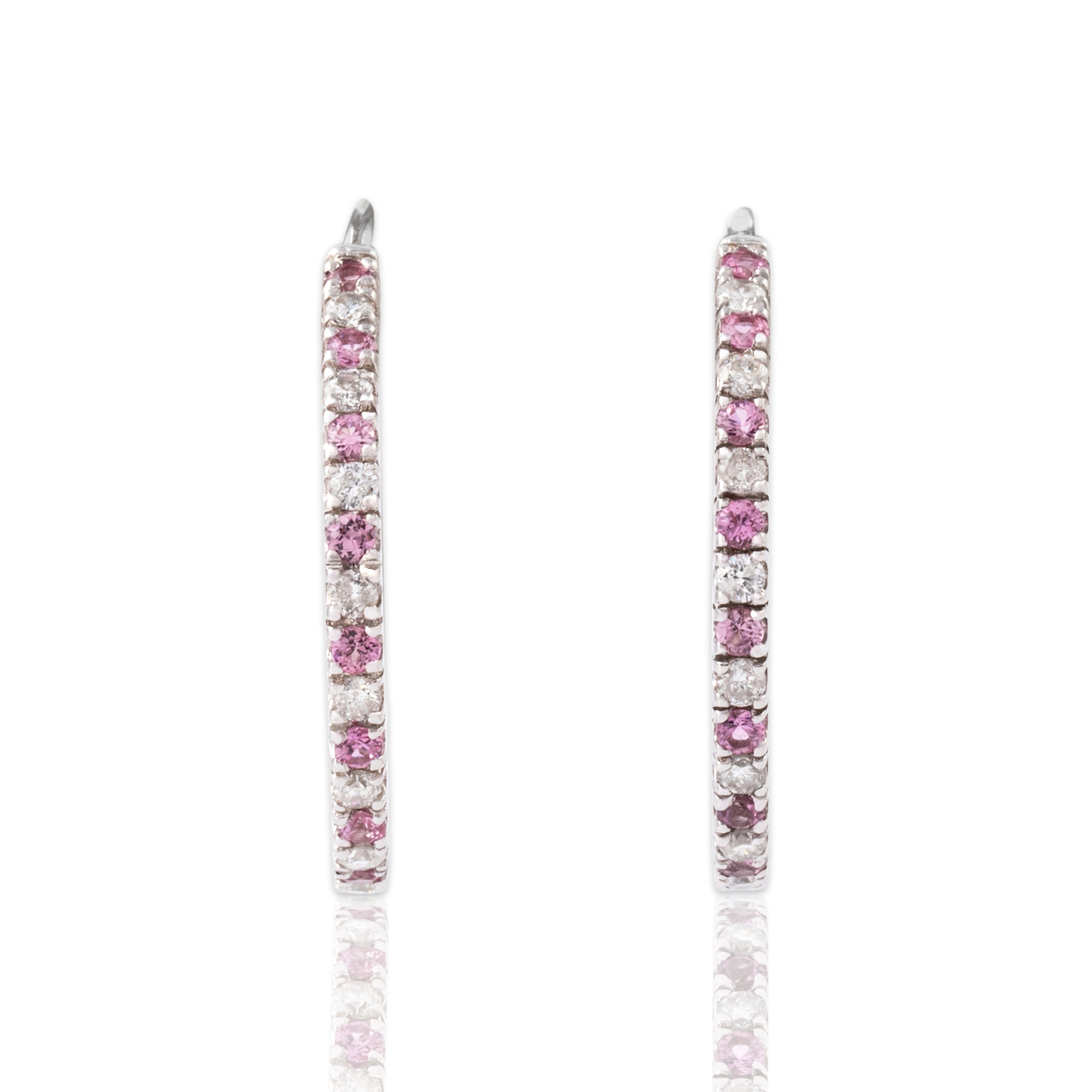 Vintage 18k White Gold Pink Sapphire Diamond Bright Adorned Hoop Earrings