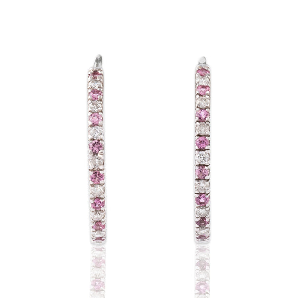 Vintage 18k White Gold Pink Sapphire Diamond Bright Adorned Hoop Earrings