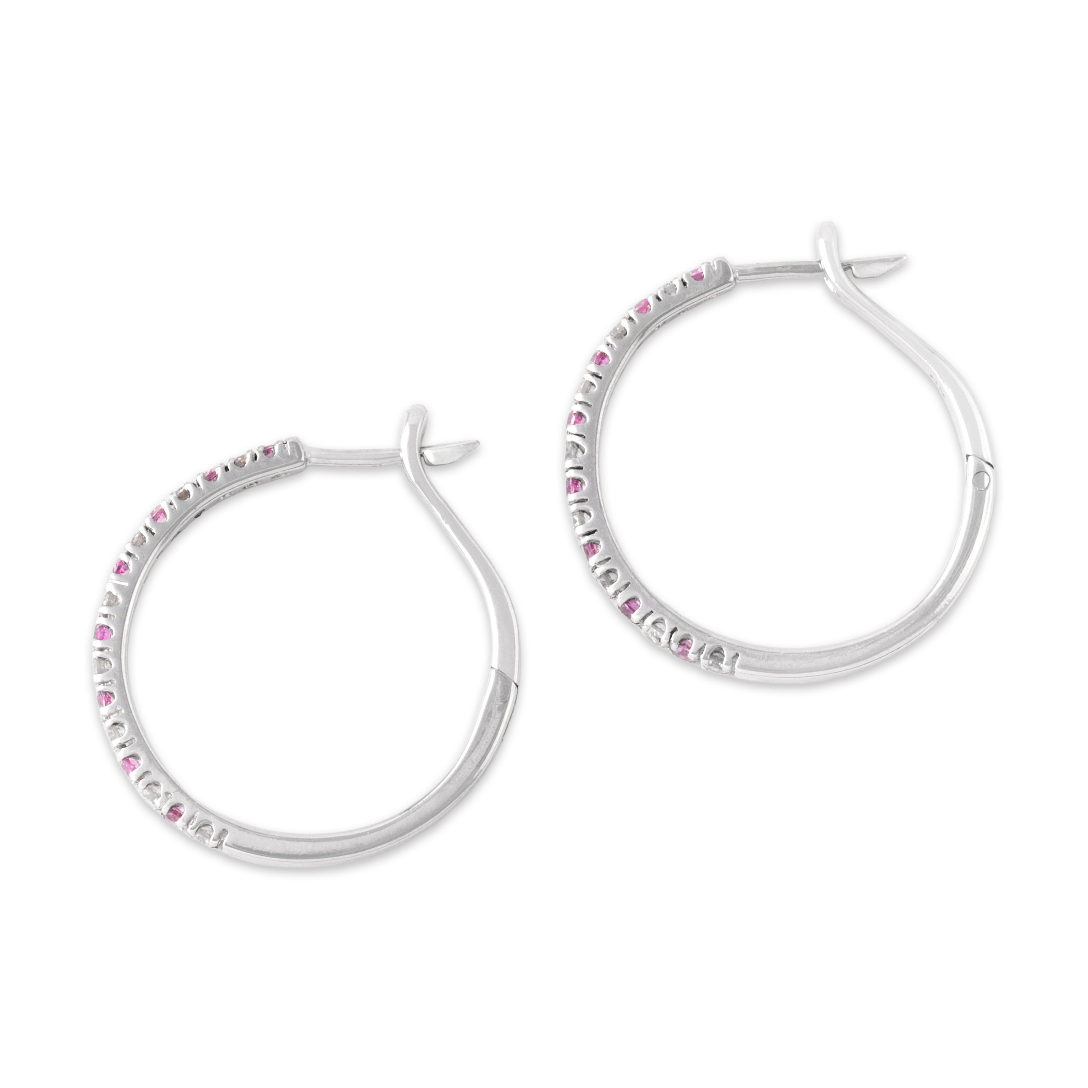 Vintage 18k White Gold Pink Sapphire Diamond Bright Adorned Hoop Earrings - Side view