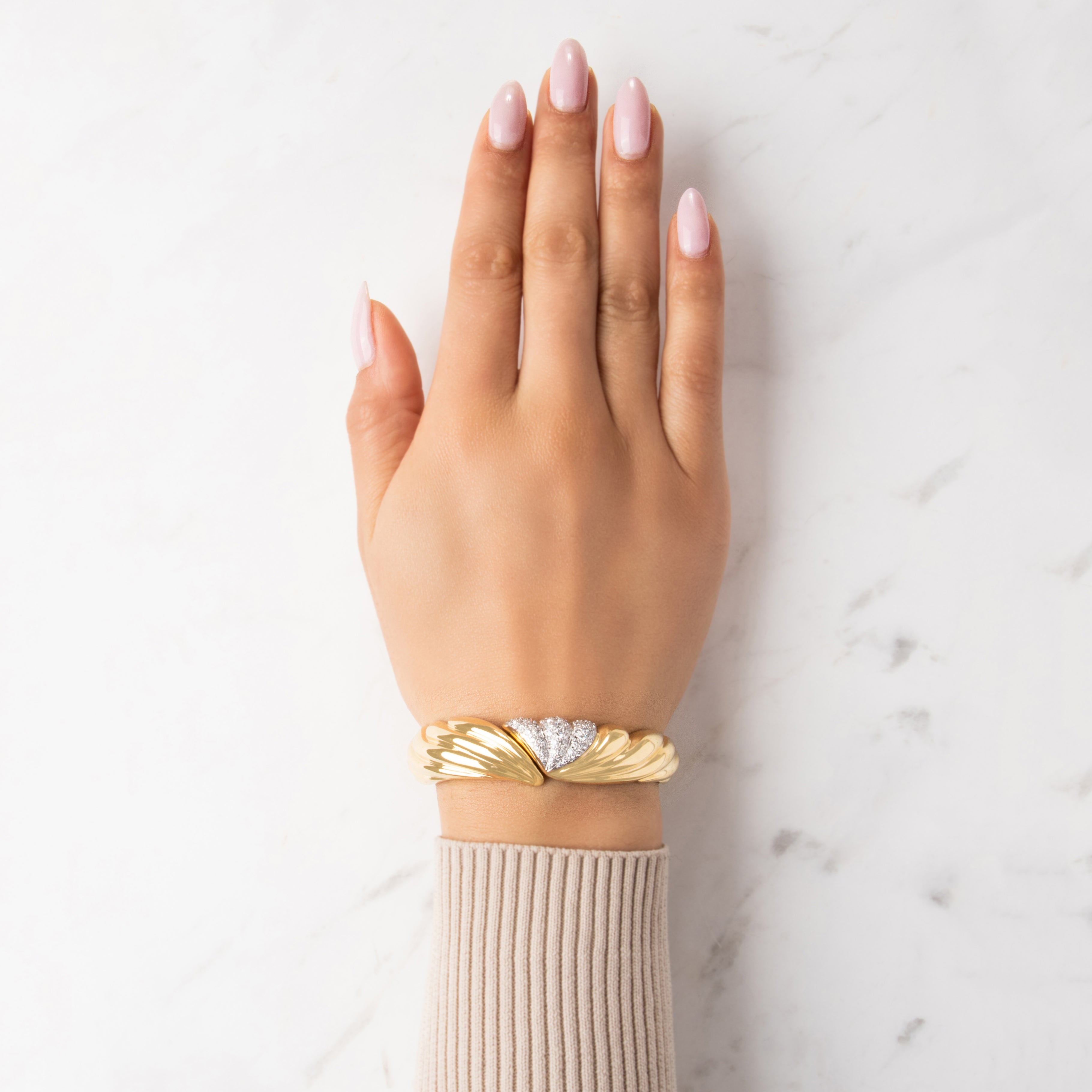Vintage Italian 18k Yellow Gold 1.27cttw Diamond Bangle Bracelet - On model view