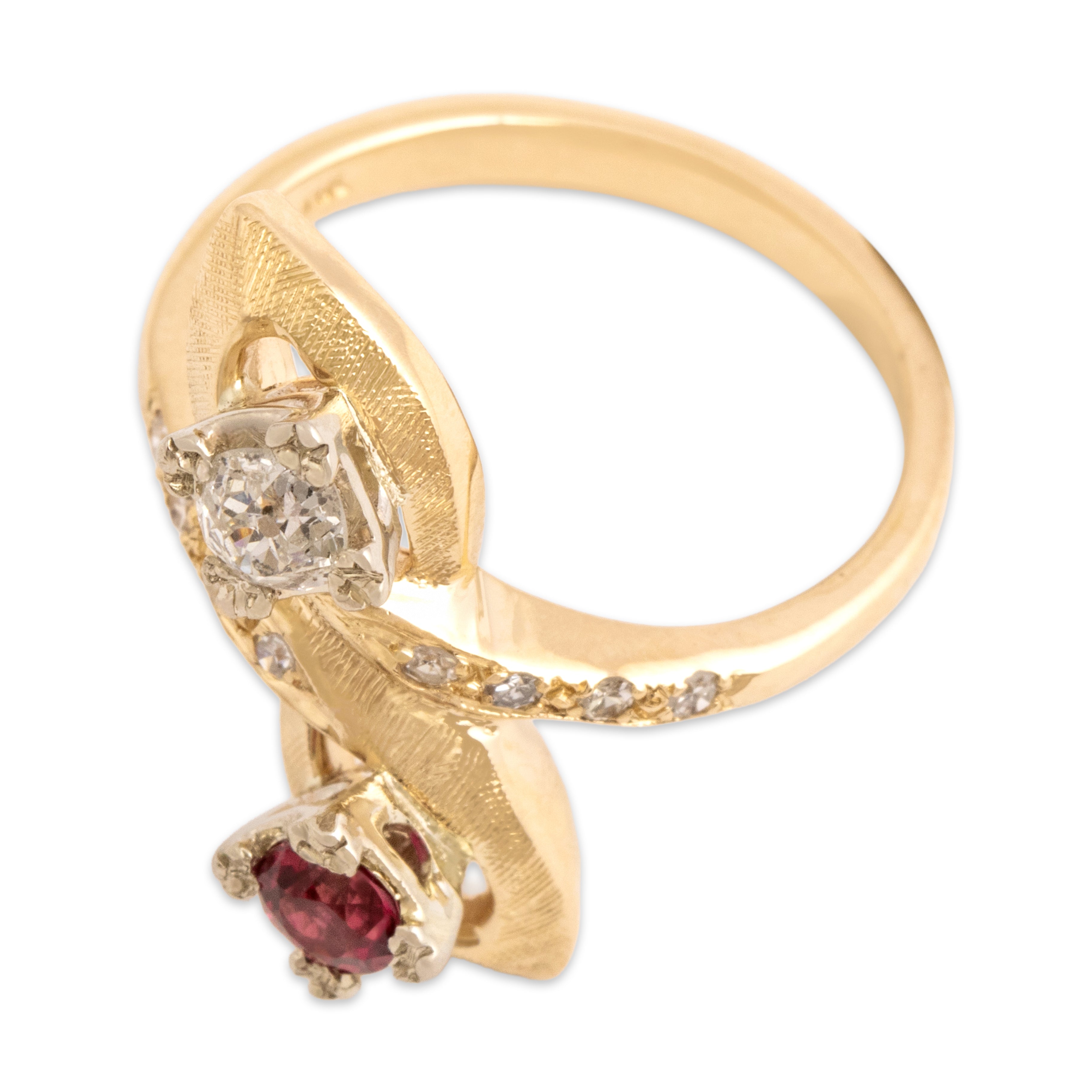 Vintage 14k Yellow Gold Old Mine Cut Diamond Synthetic Ruby Natural Diamond Etched Dimensional Duo Twist Ring - Overall view
