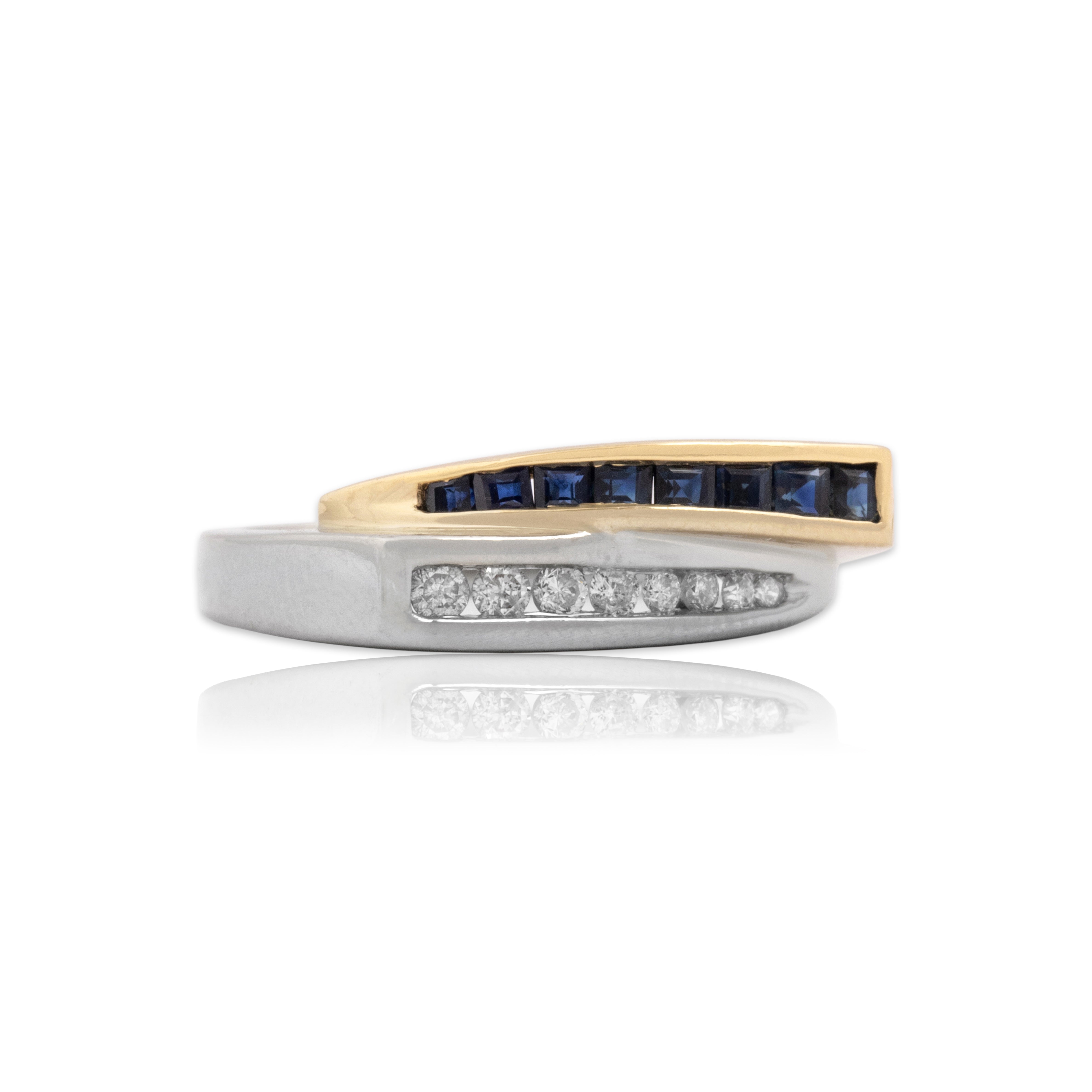 Vintage 14k Yellow & White Gold Blue Sapphire Diamond Duo Geometric Arc Ring - Close-up view