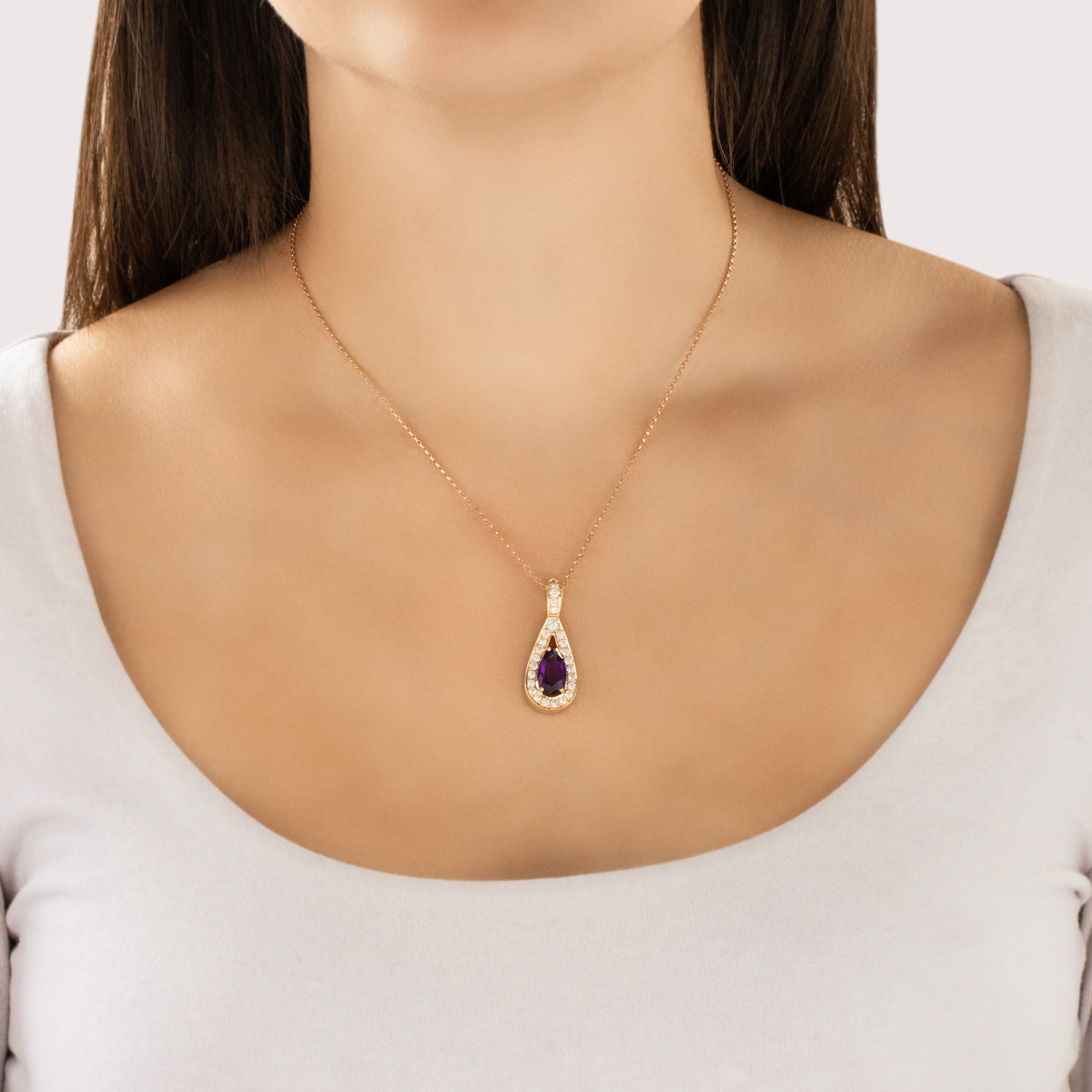 Vintage 14k Yellow Gold 2.35ct Amethyst .69cttw Diamond Impressive Shining Teardrop Pendant - On model view