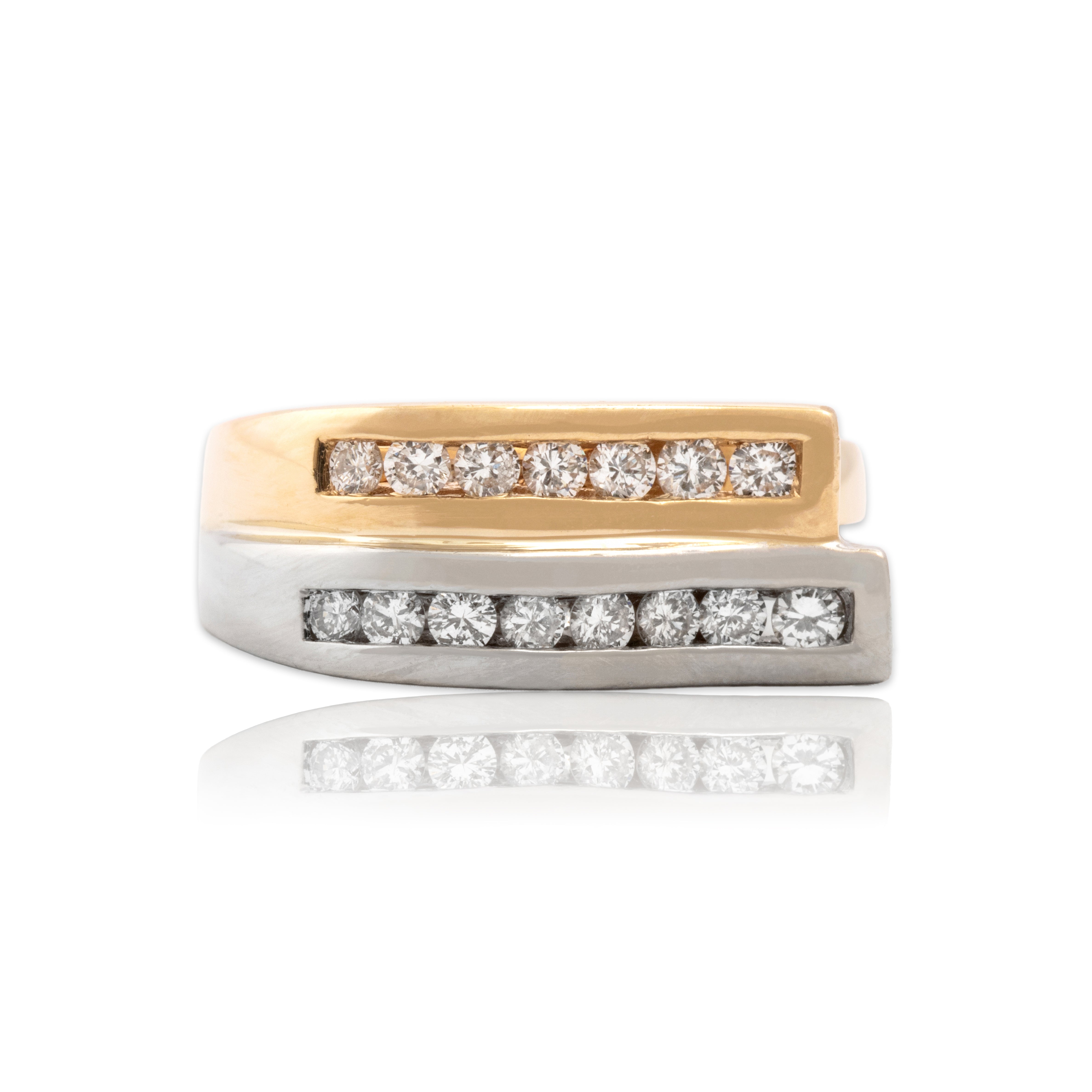 Vintage 14k White & Yellow Gold Diamond Sculptural Double Wave Ring - Close-up view