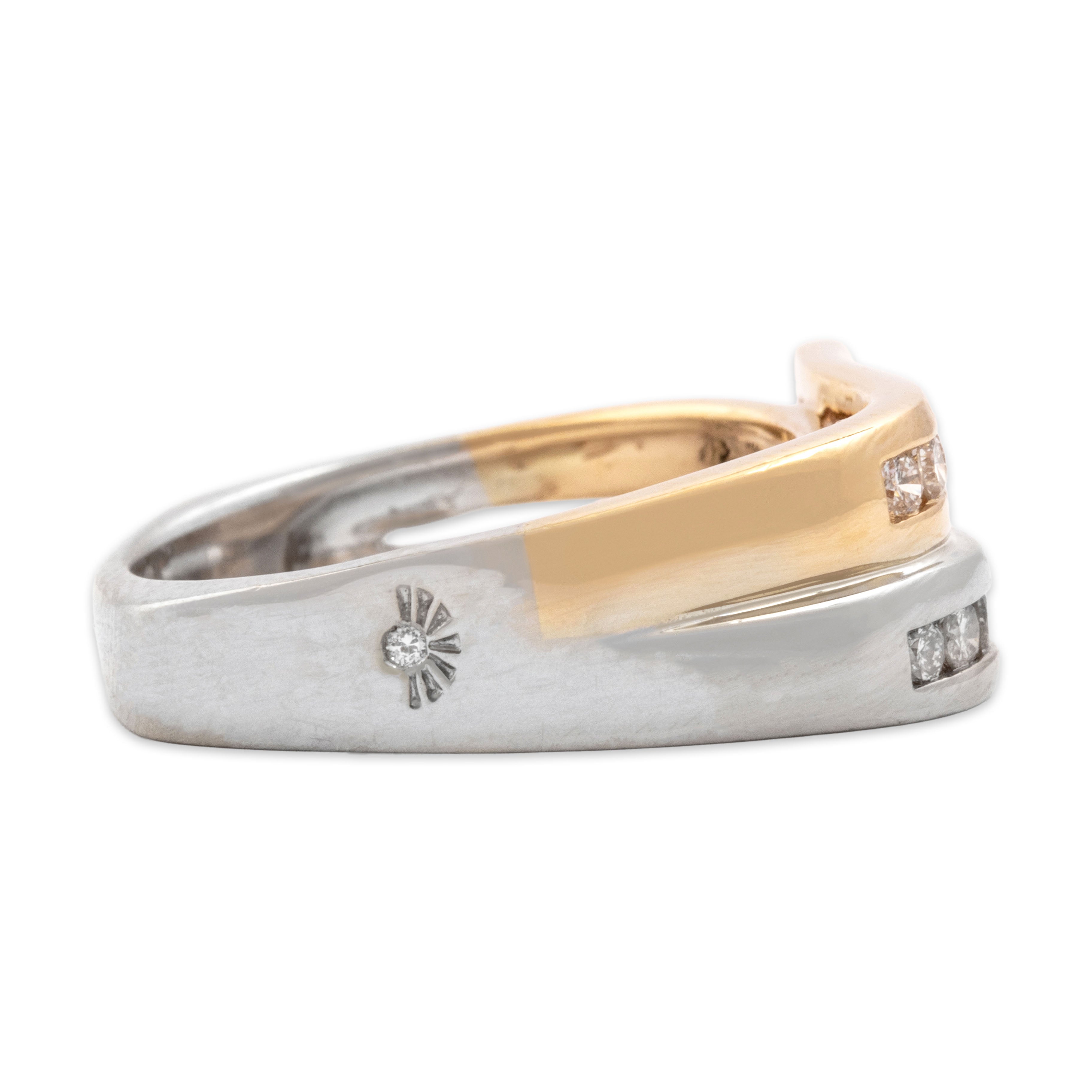 Vintage 14k White & Yellow Gold Diamond Sculptural Double Wave Ring - Side view