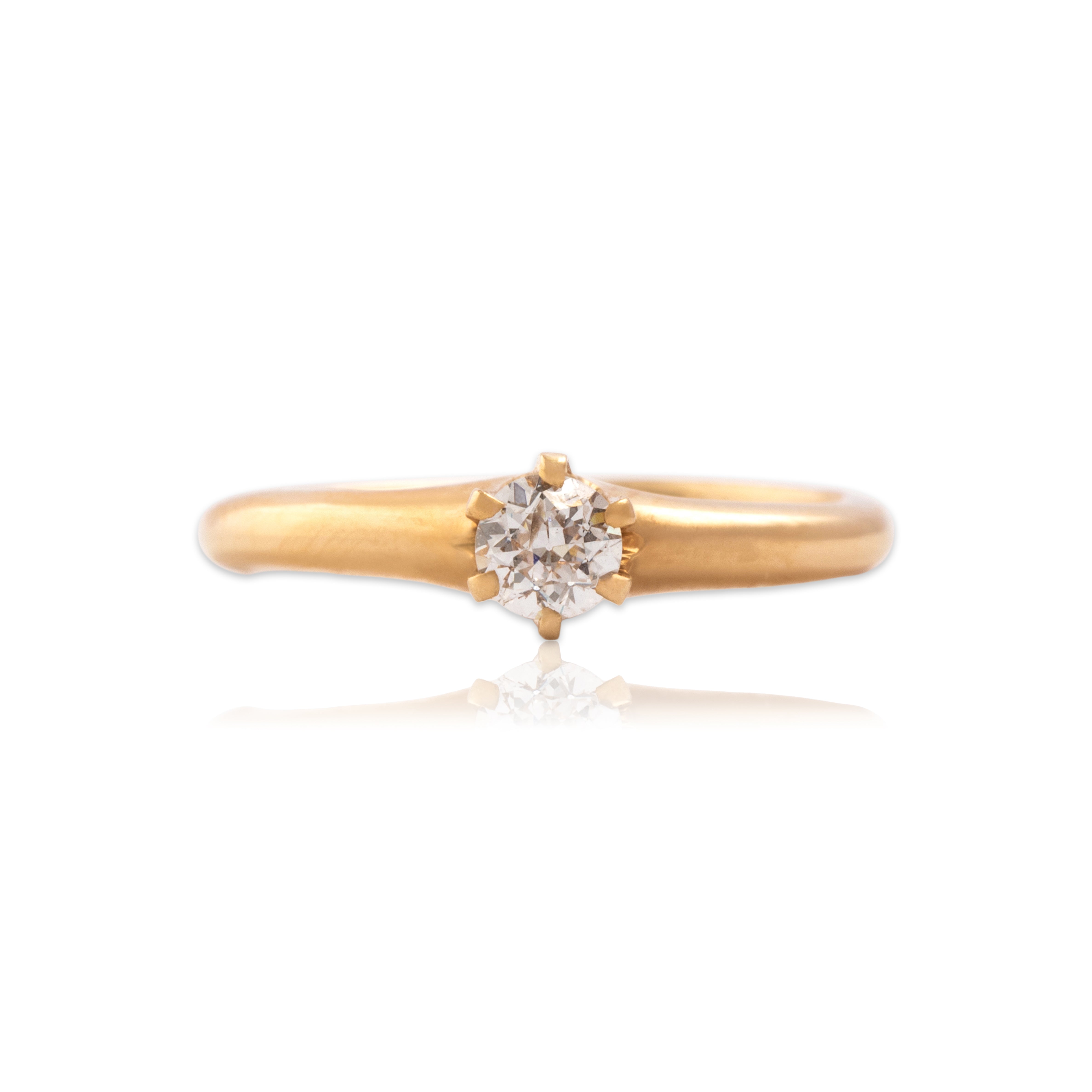 Antique 14k Yellow Gold Old European Cut Diamond Glittering Tall Dainty Solitaire Ring - Close-up view