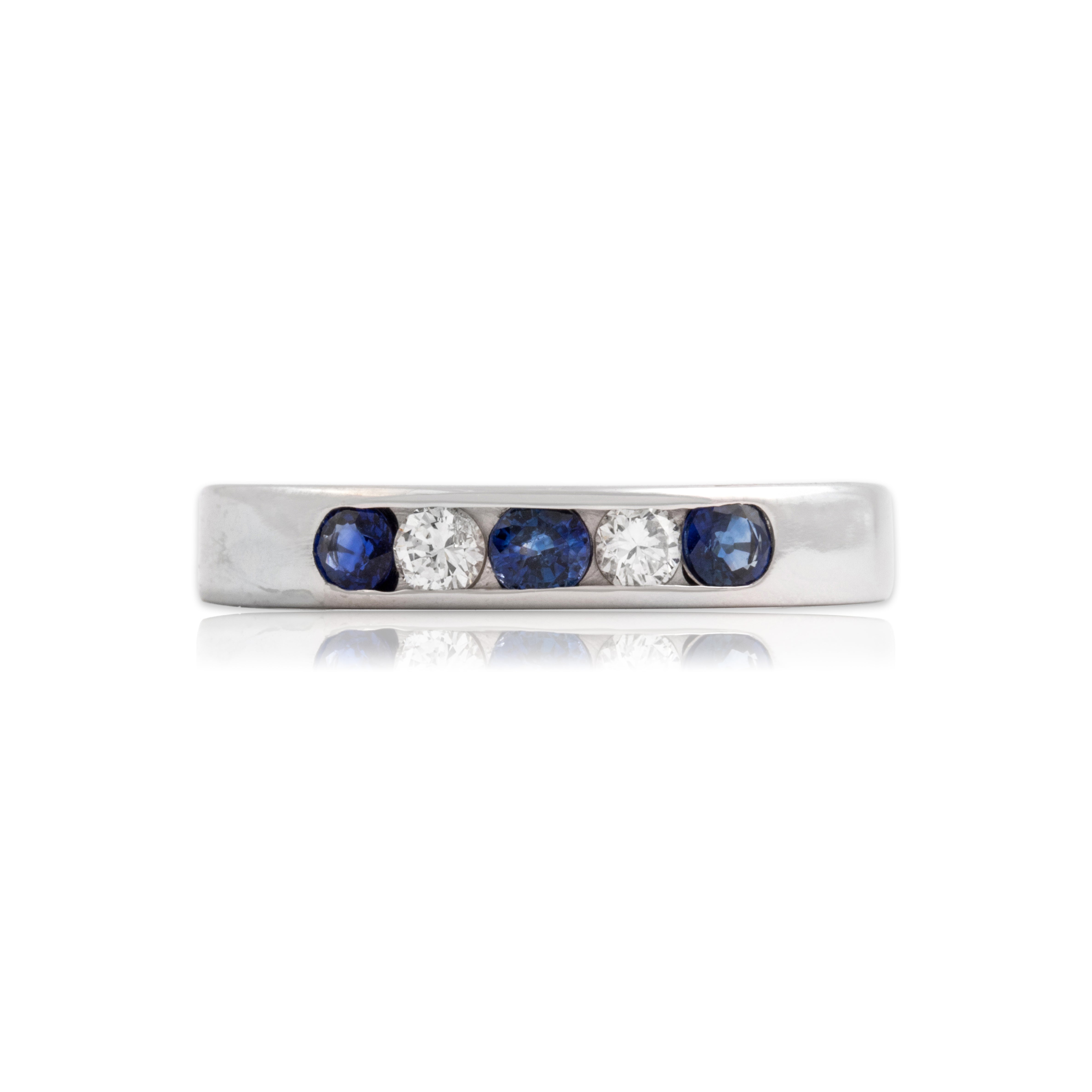 Vintage 14k White Gold Blue Sapphire Diamond Sleek Alternating Channel Band Ring - Close-up view