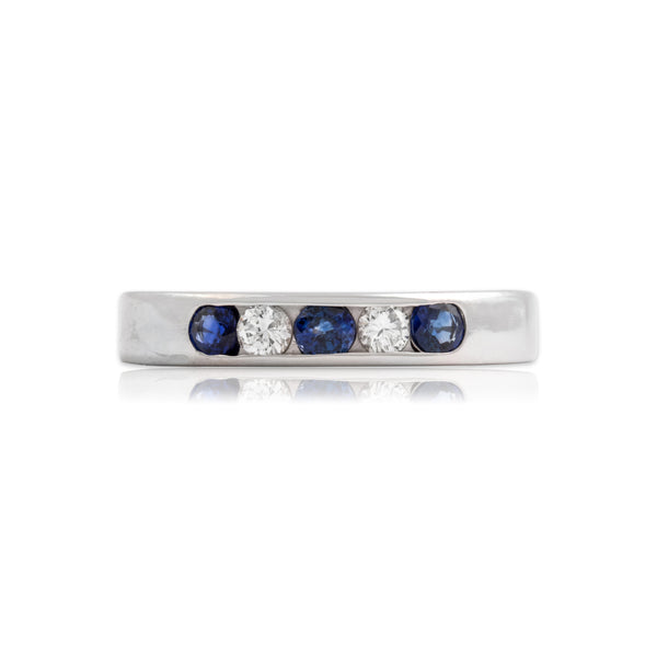 Vintage 14k White Gold Blue Sapphire Diamond Sleek Channel Band Ring 7.25