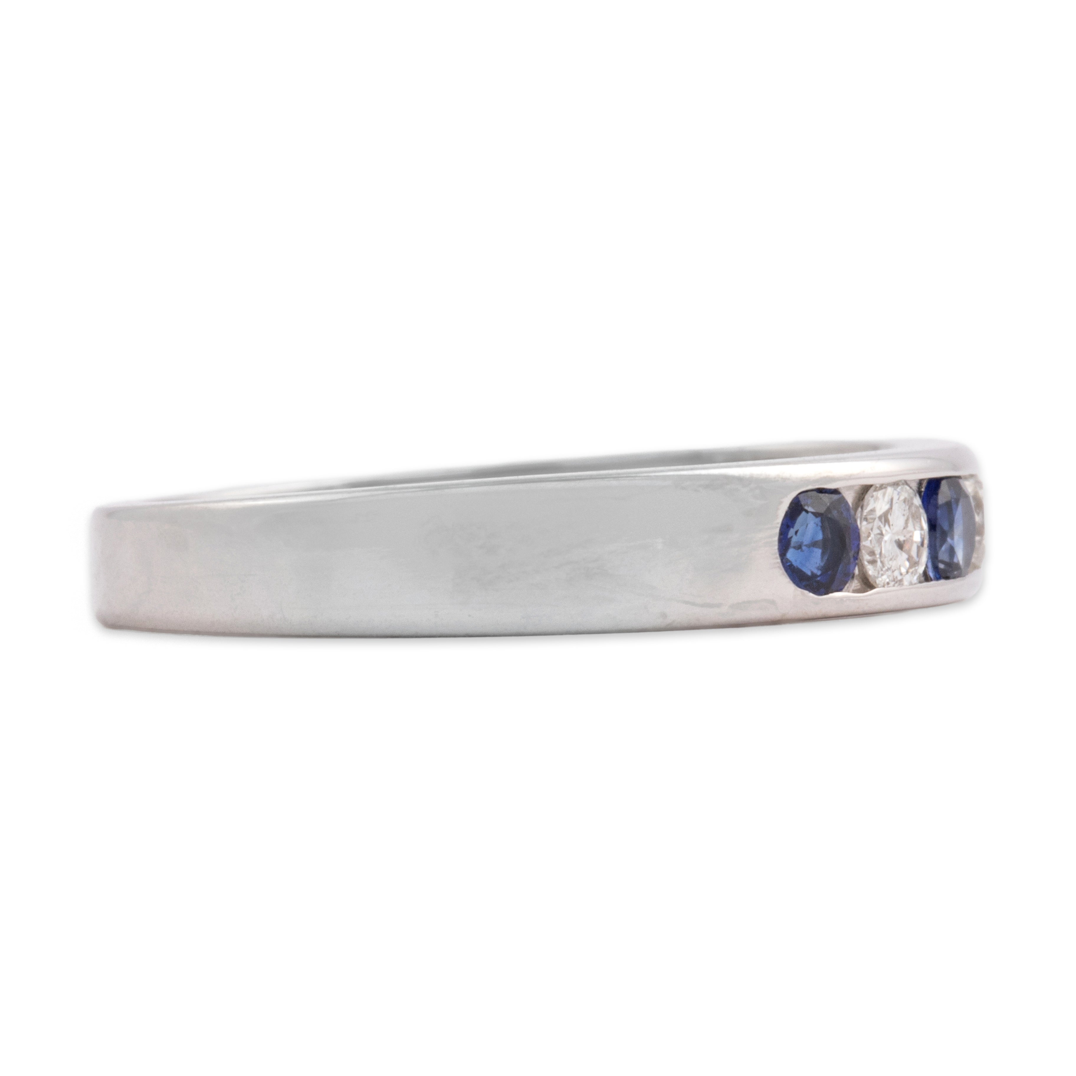Vintage 14k White Gold Blue Sapphire Diamond Sleek Alternating Channel Band Ring - Side view