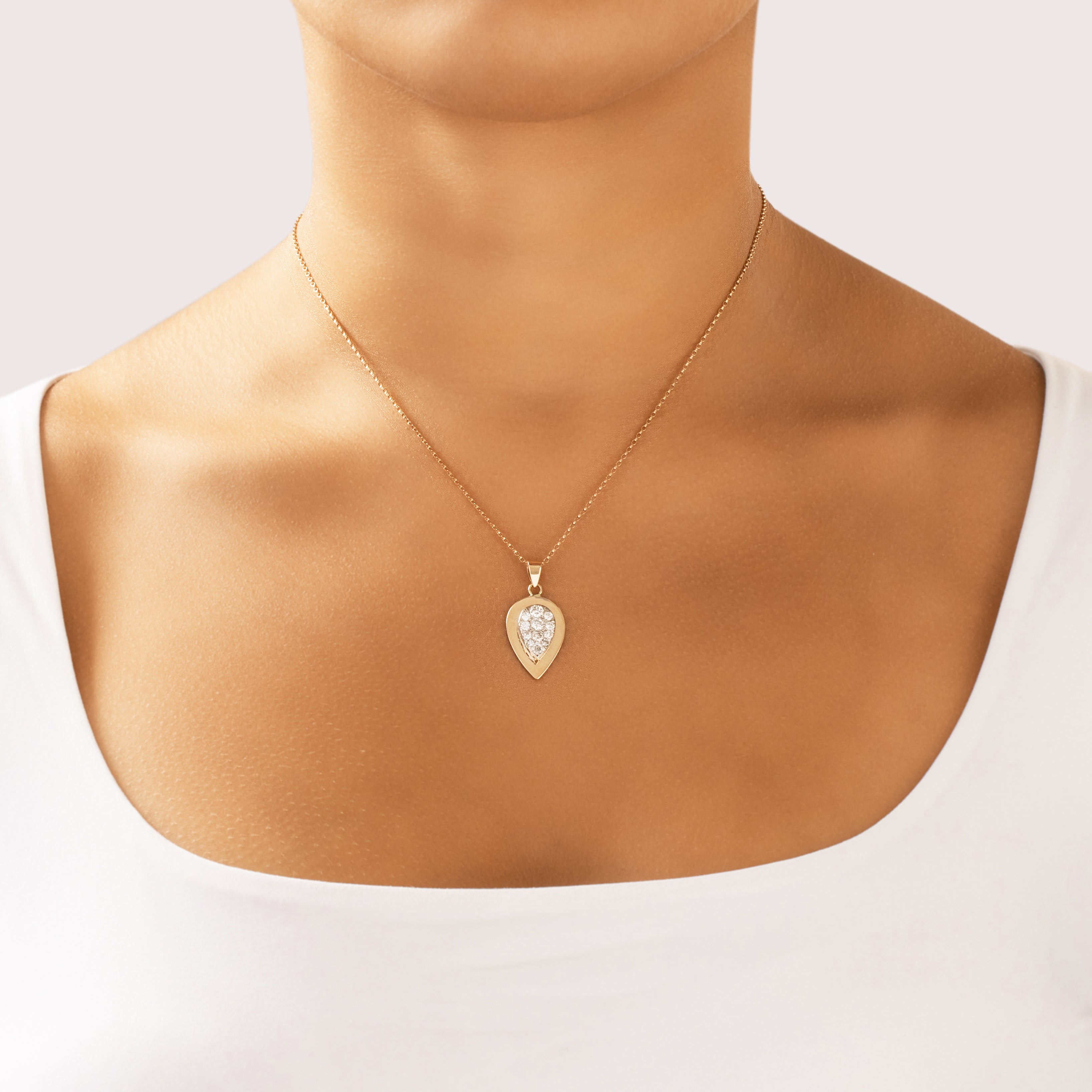 Vintage 14k Yellow Gold .55cttw Diamond Stunning Reverse Teardrop Pendant - On model view