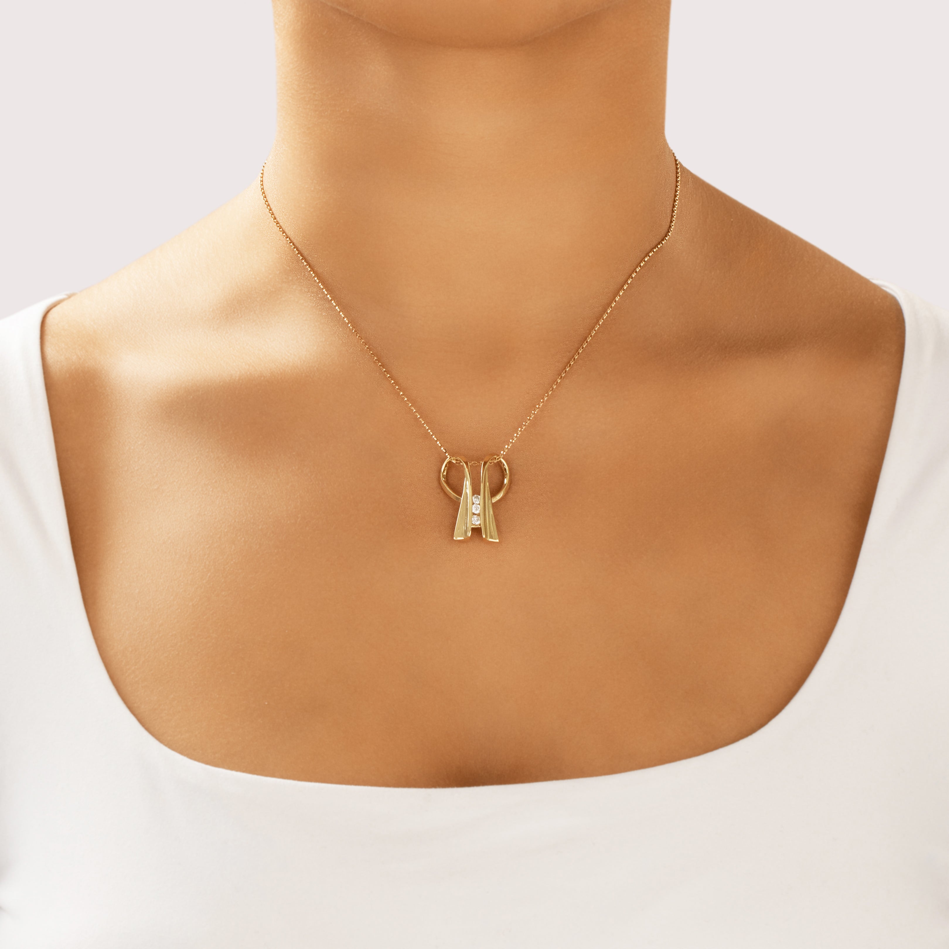 Vintage 14k Yellow Gold Diamond Elegant Abstract Ribbon Slide Pendant - On model view