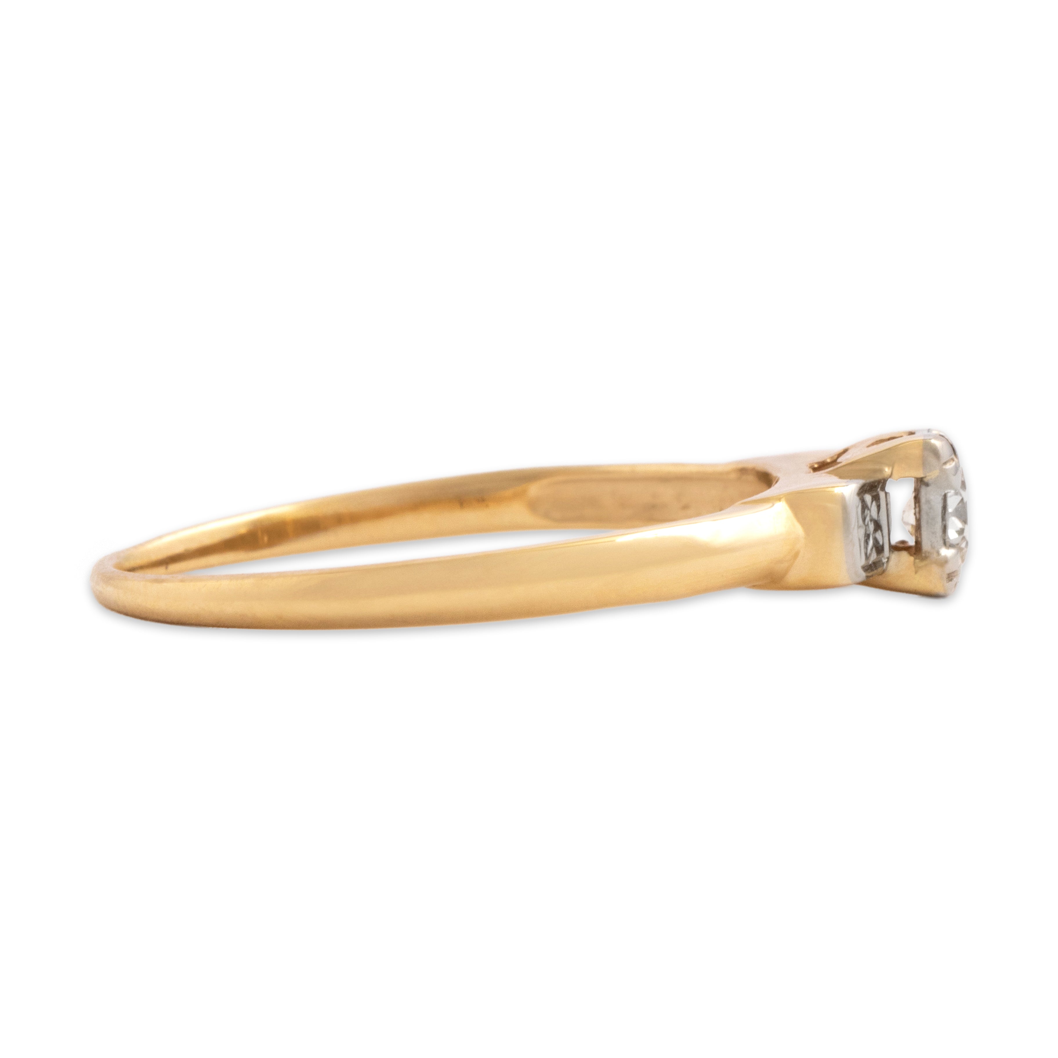Antique 14k Yellow Gold Old European Cut Diamond Dainty Detailed Solitaire Ring - Side view