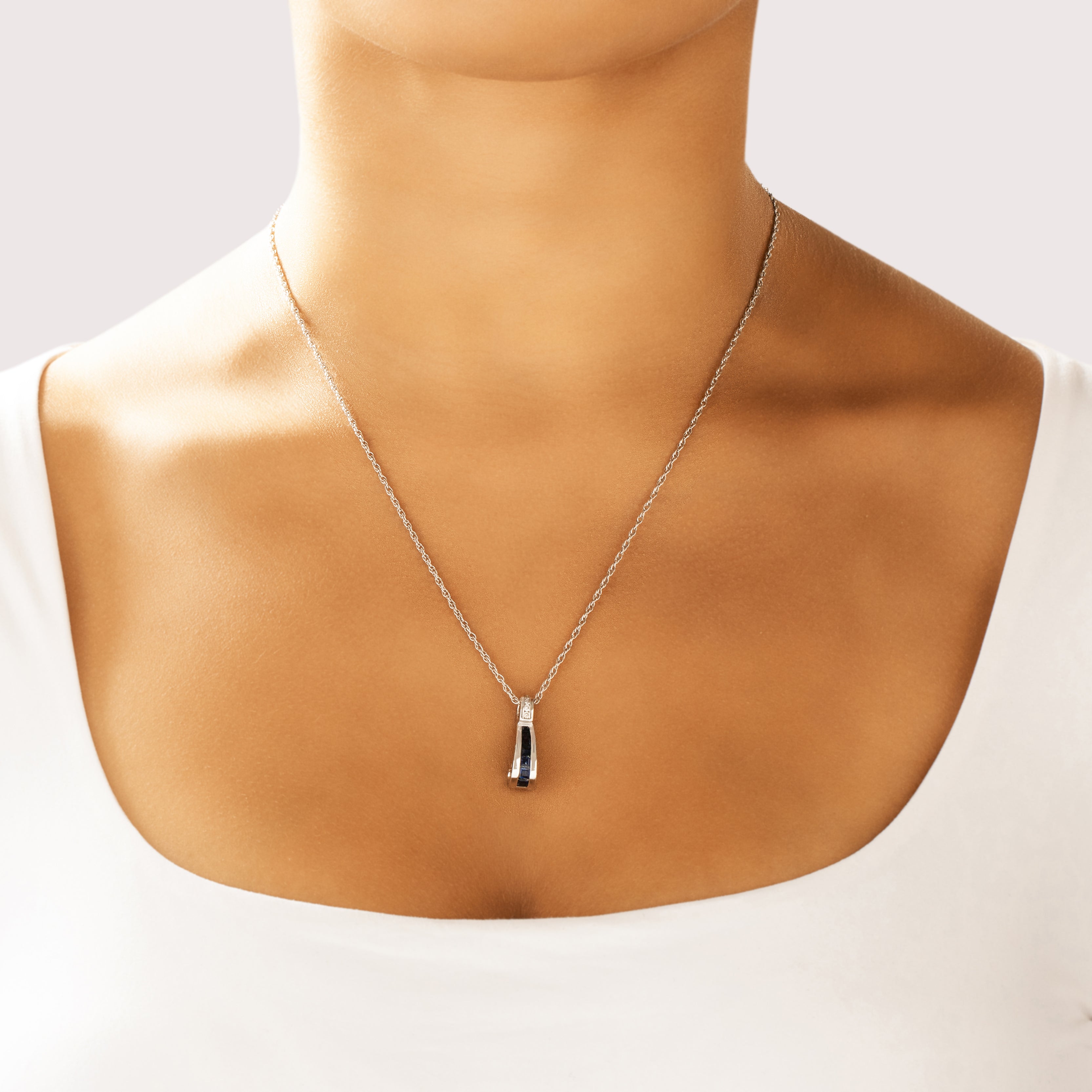Vintage 14k White Gold .87cttw Blue Sapphire Diamond Fantastic Channel Scroll Slide Pendant - On model view