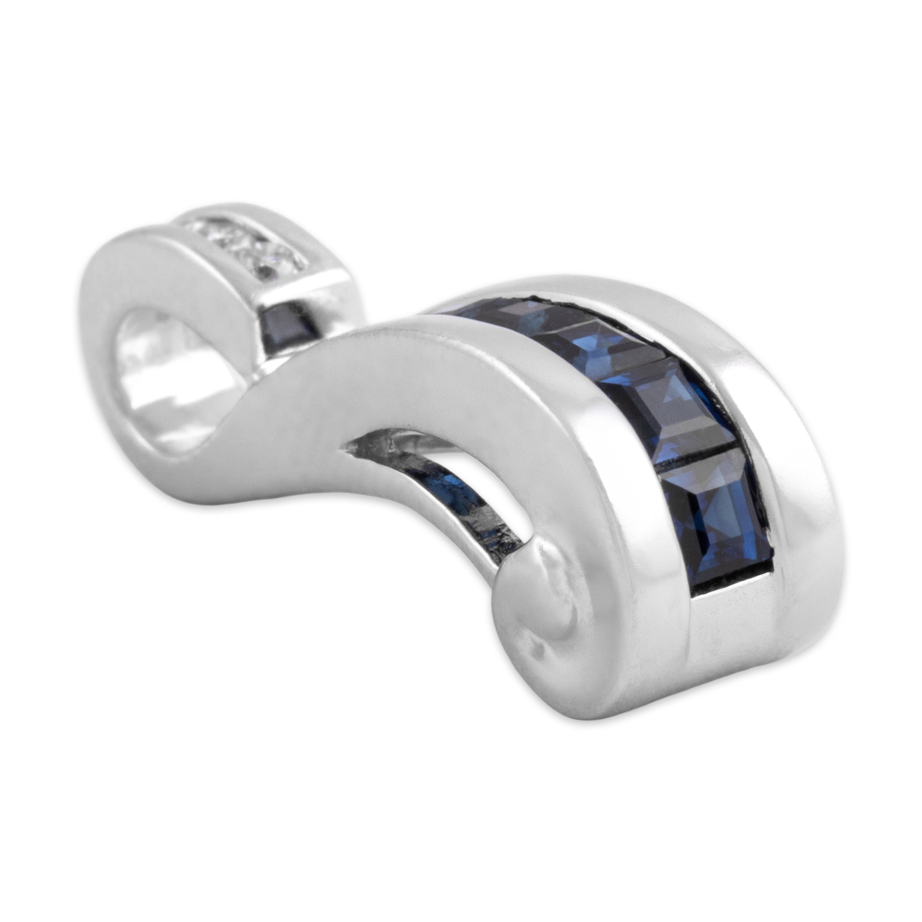 Vintage 14k White Gold .87cttw Blue Sapphire Diamond Scroll Slide Pendant