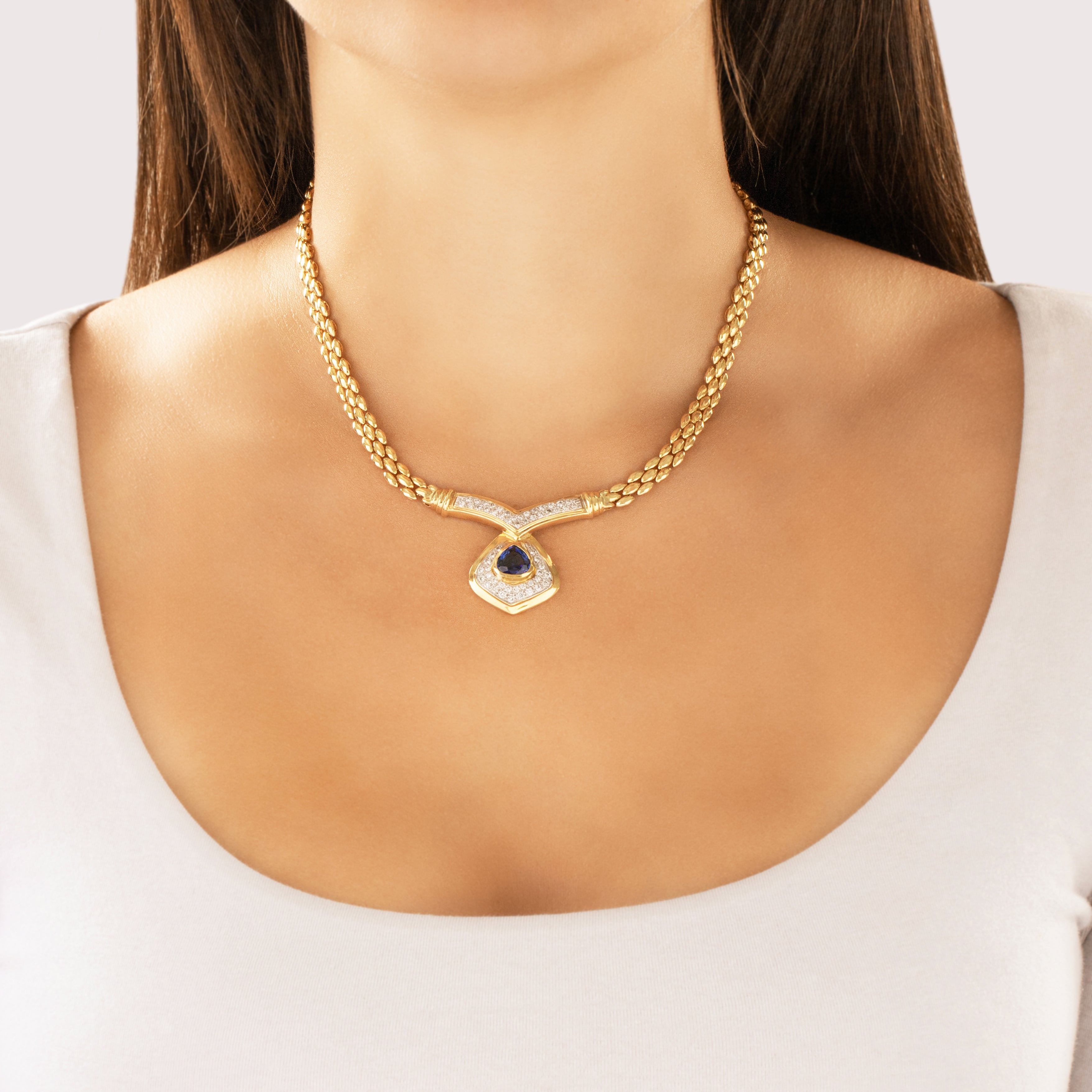 Vintage 14k Yellow Gold 1.72ct Blue Sapphire .81cttw Diamond Regal Necklace - On model view