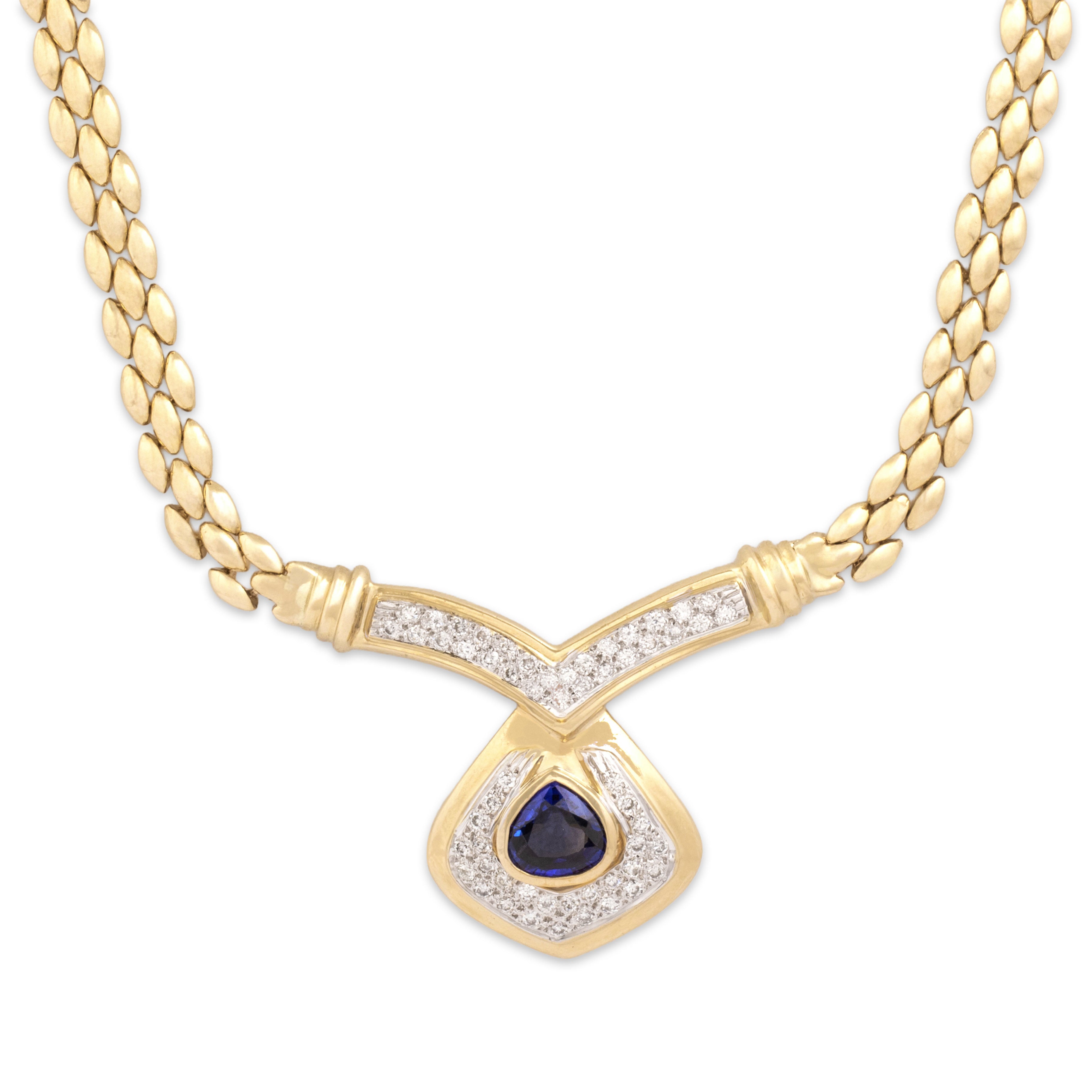 Vintage 14k Yellow Gold 1.72ct Blue Sapphire .81cttw Diamond Regal Necklace - Close-up view
