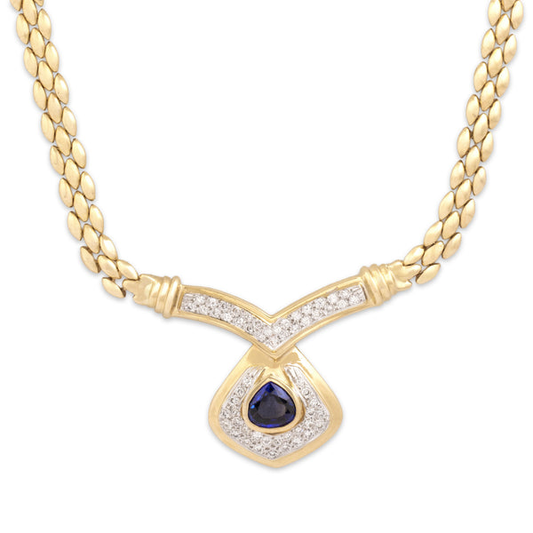 Vintage 14k Yellow Gold 1.72ct Blue Sapphire .81cttw Diamond Regal Necklace 16.25