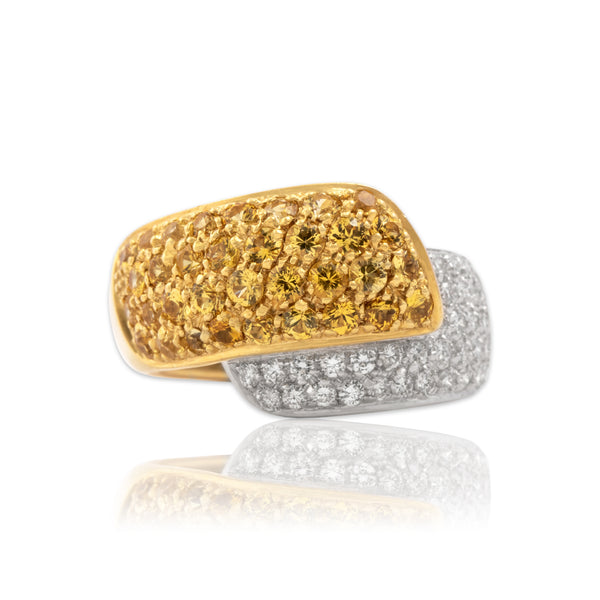 Vintage Italian Heavy 18k Yellow & White Gold 1.45cttw Yellow Sapphire Diamond Ring 7.50
