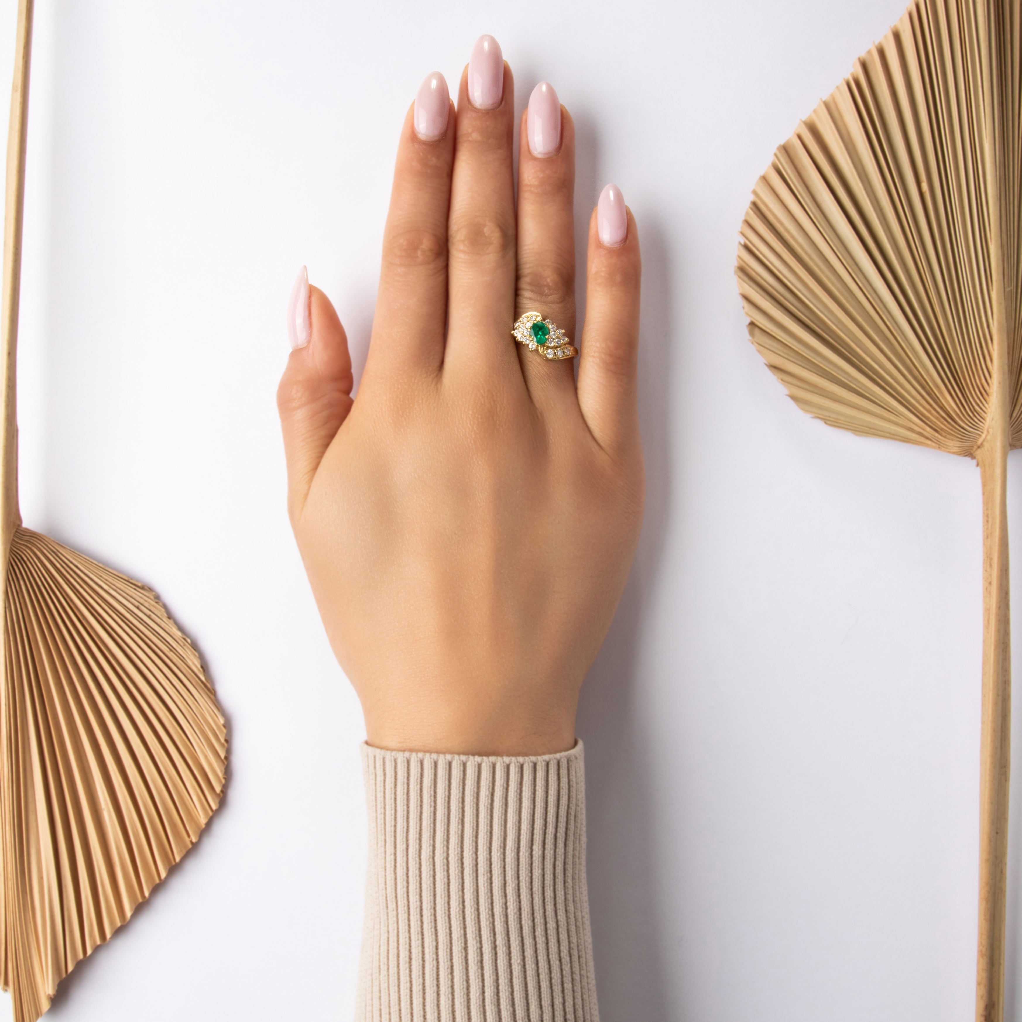Vintage 18k Yellow Gold .58ct Emerald Diamond Fantastic Sparkling Ring - On model view