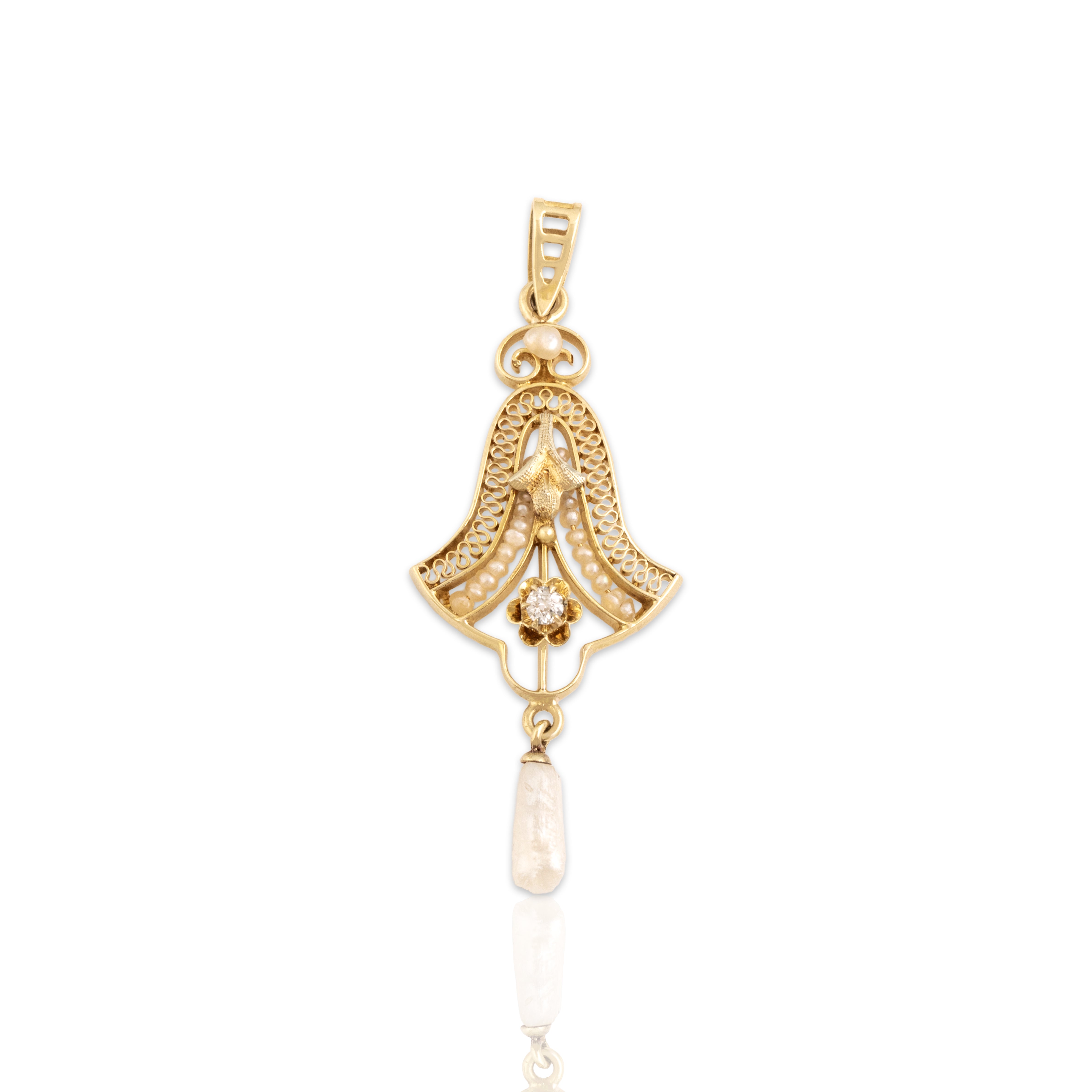 Antique 10k Yellow Gold Old Mine Cut Diamond Baroque Pearl Seed Pearl Intricate Filigree Buttercup Pendant - Close-up view