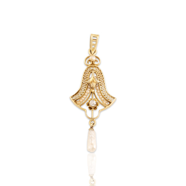 Antique 10k Yellow Gold Old Mine Cut Diamond Baroque Pearl Seed Pearl Pendant