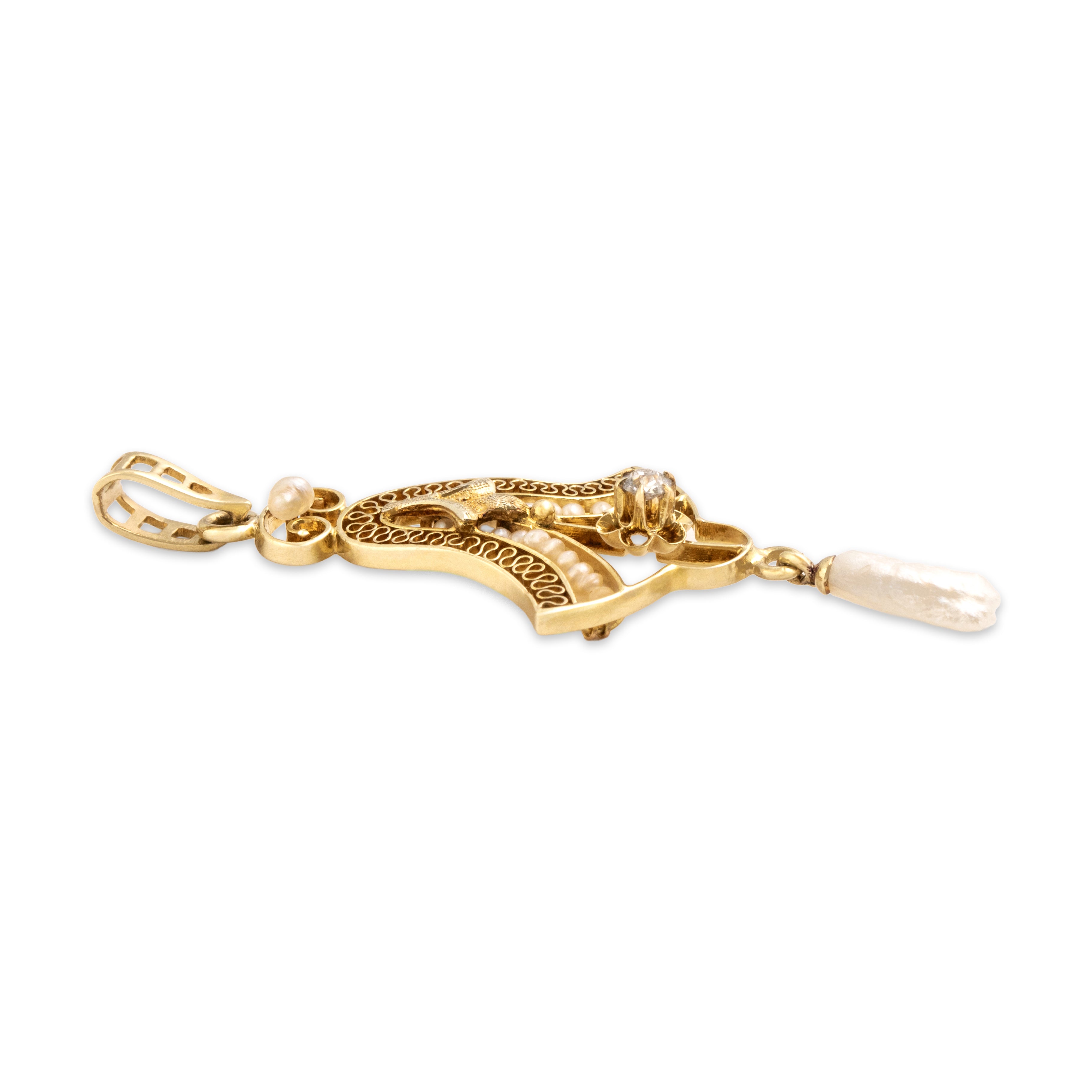 Antique 10k Yellow Gold Old Mine Cut Diamond Baroque Pearl Seed Pearl Intricate Filigree Buttercup Pendant - Side view