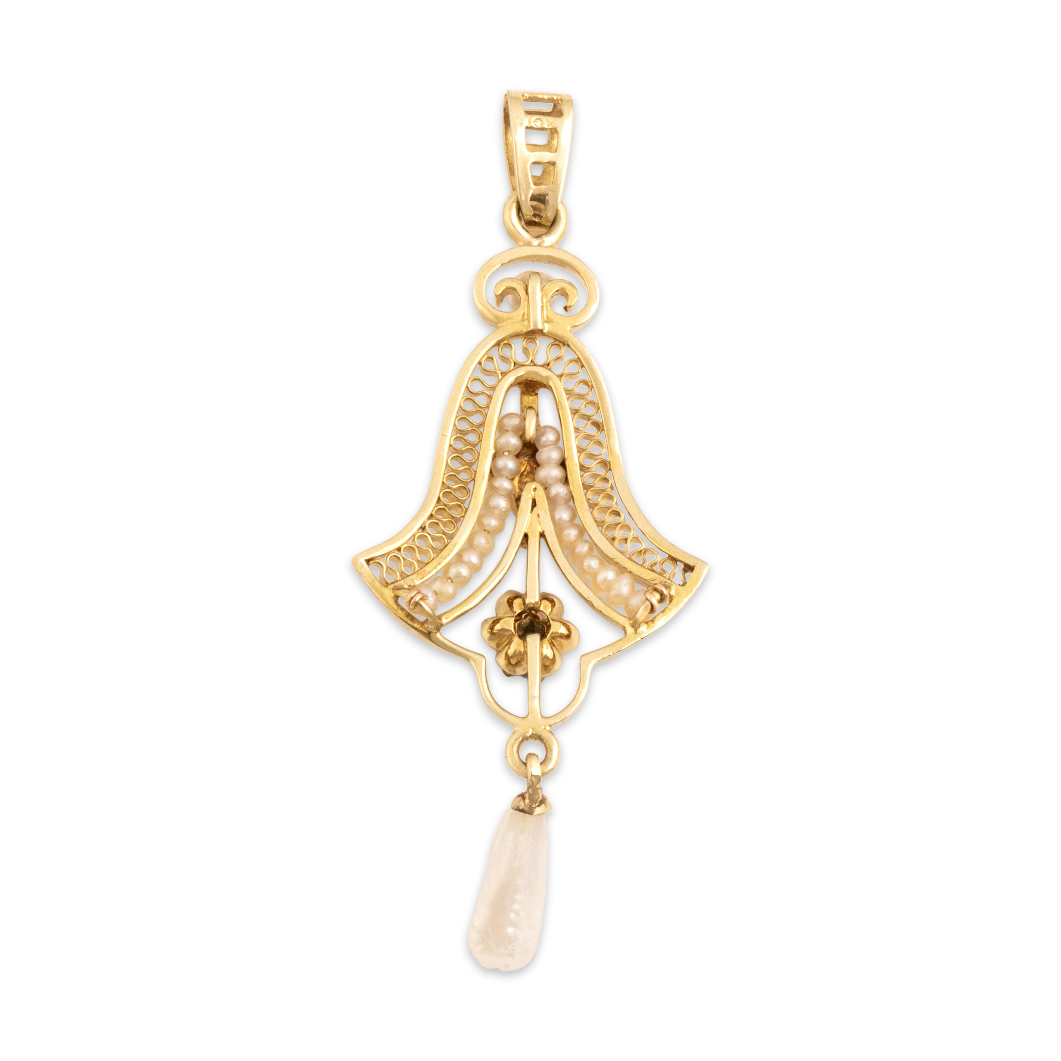 Antique 10k Yellow Gold Old Mine Cut Diamond Baroque Pearl Seed Pearl Intricate Filigree Buttercup Pendant - Back view