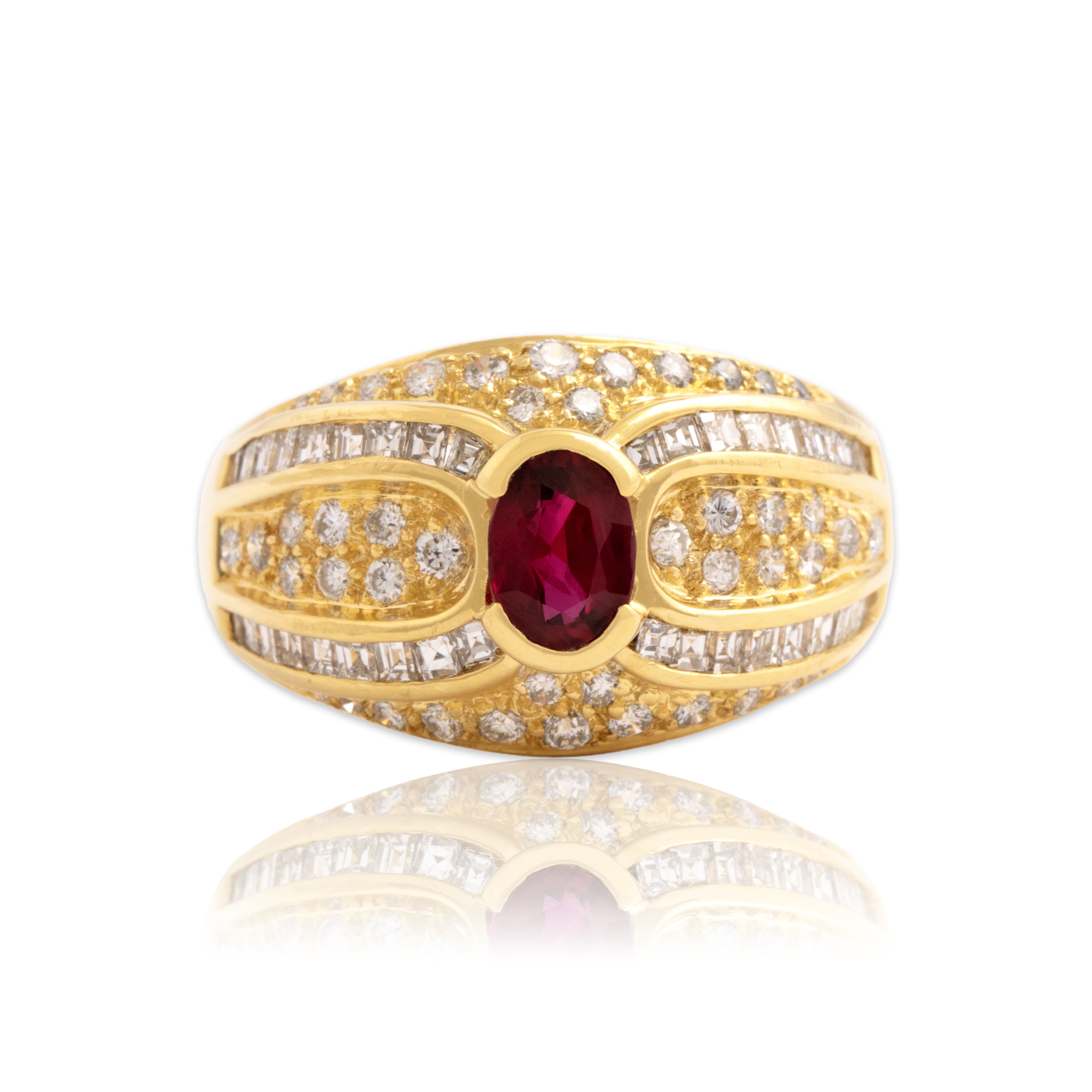 Vintage Heavy 18k Yellow Gold .87ct Ruby .84cttw Diamond Glittering Dome Ring 7.75