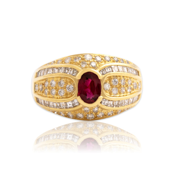 Vintage Heavy 18k Yellow Gold .87ct Ruby .84cttw Diamond Glittering Dome Ring 7.75