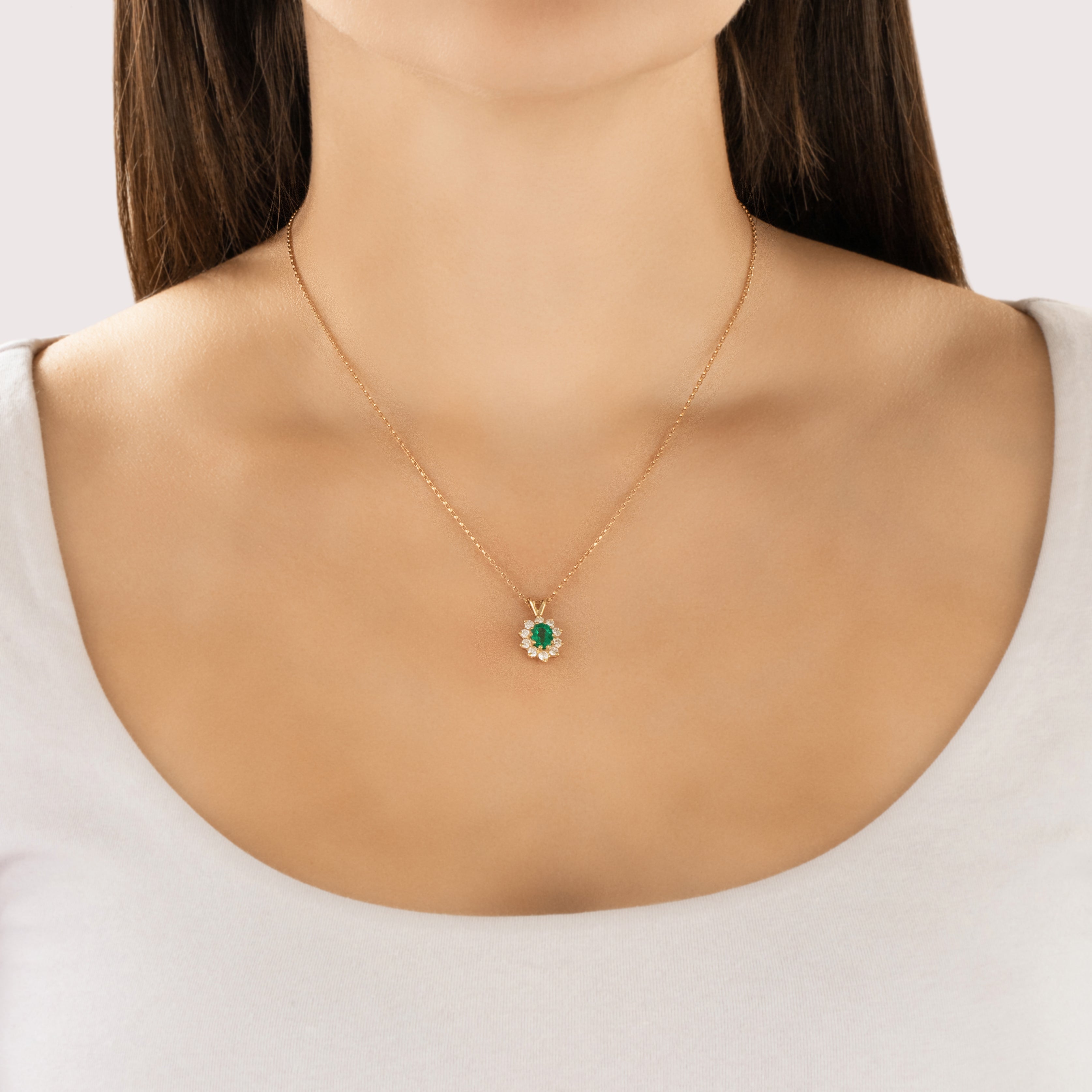Vintage 14k Yellow Gold .76ct Emerald Diamond Stellar Mesmerizing Halo Pendant - On model view