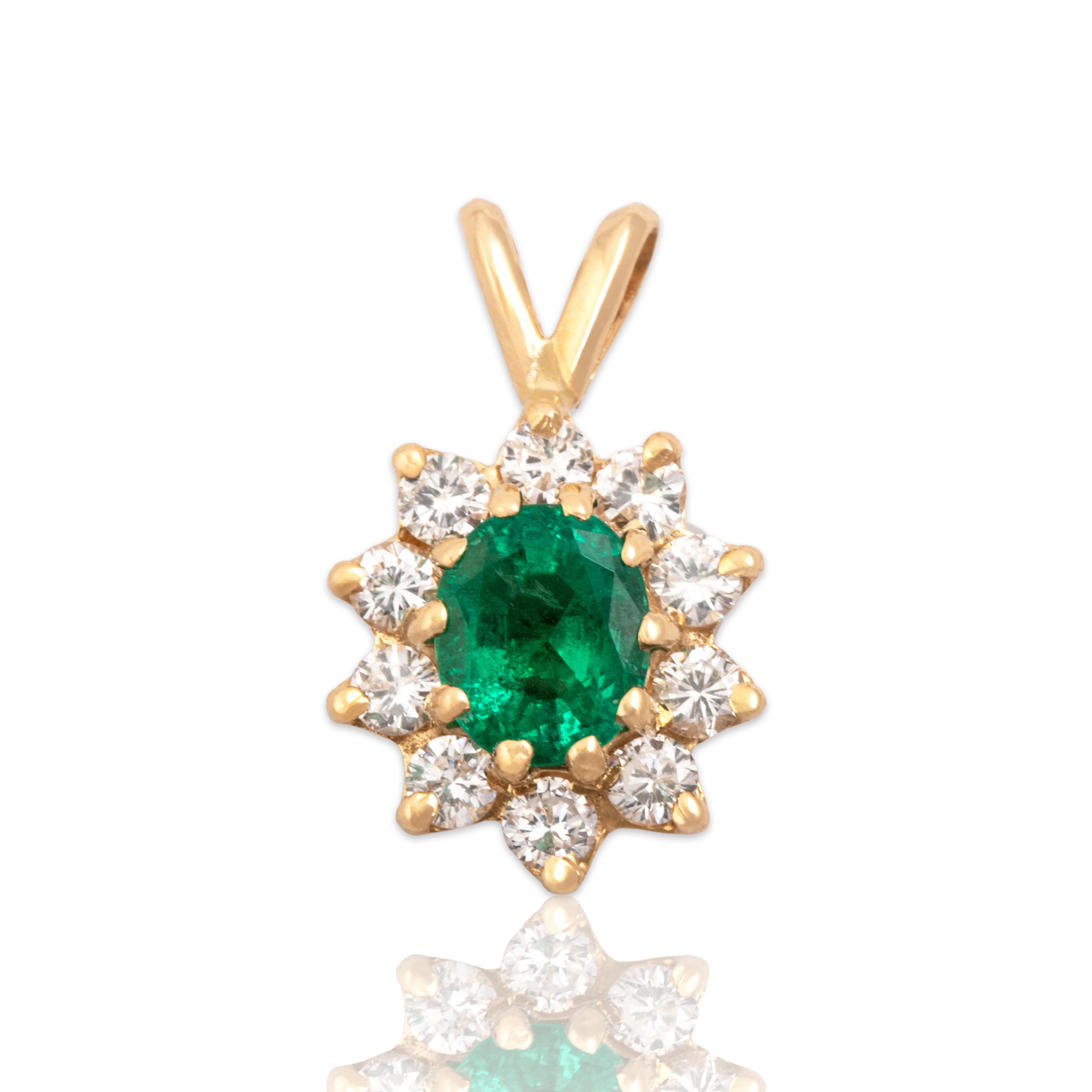 Vintage 14k Yellow Gold .76ct Emerald Diamond Stellar Mesmerizing Halo Pendant - Close-up view