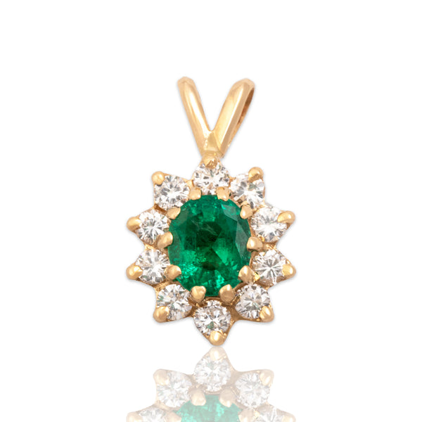 Vintage 14k Yellow Gold .76ct Emerald Diamond Vibrant Mesmerizing Halo Pendant
