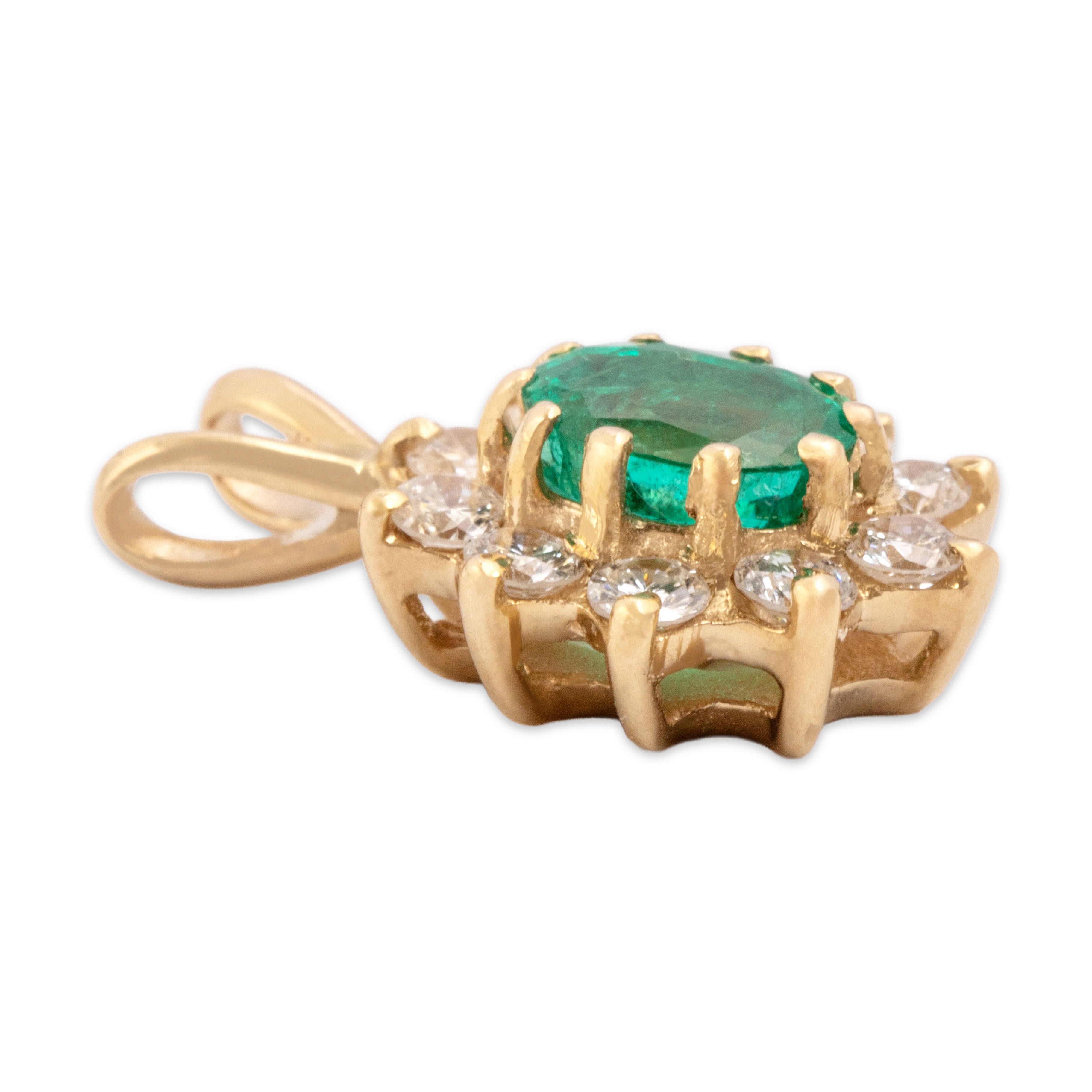Vintage 14k Yellow Gold .76ct Emerald Diamond Stellar Mesmerizing Halo Pendant - Side view